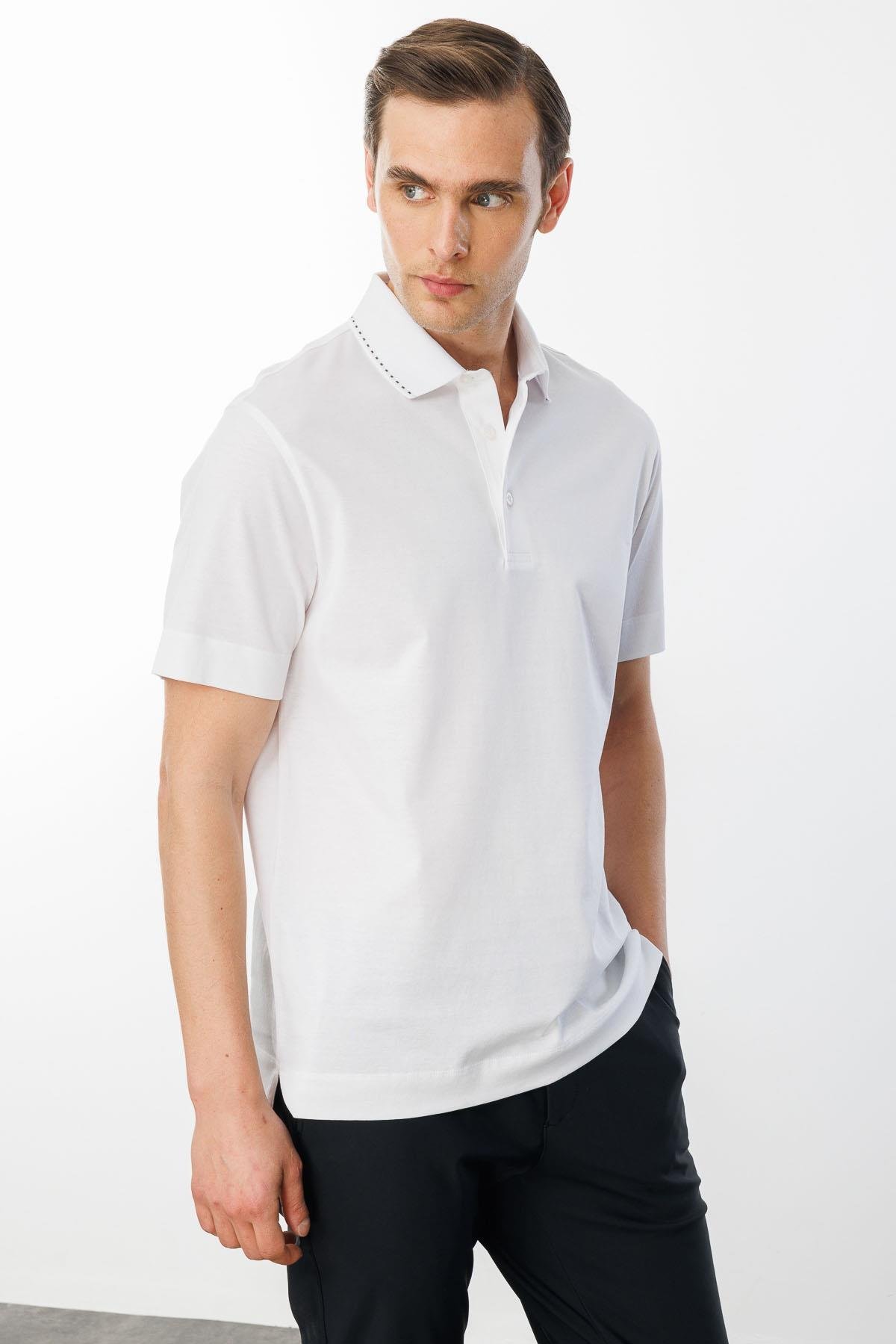 25747Erkek Polo Yaka Merserize T-shirt Beyaz