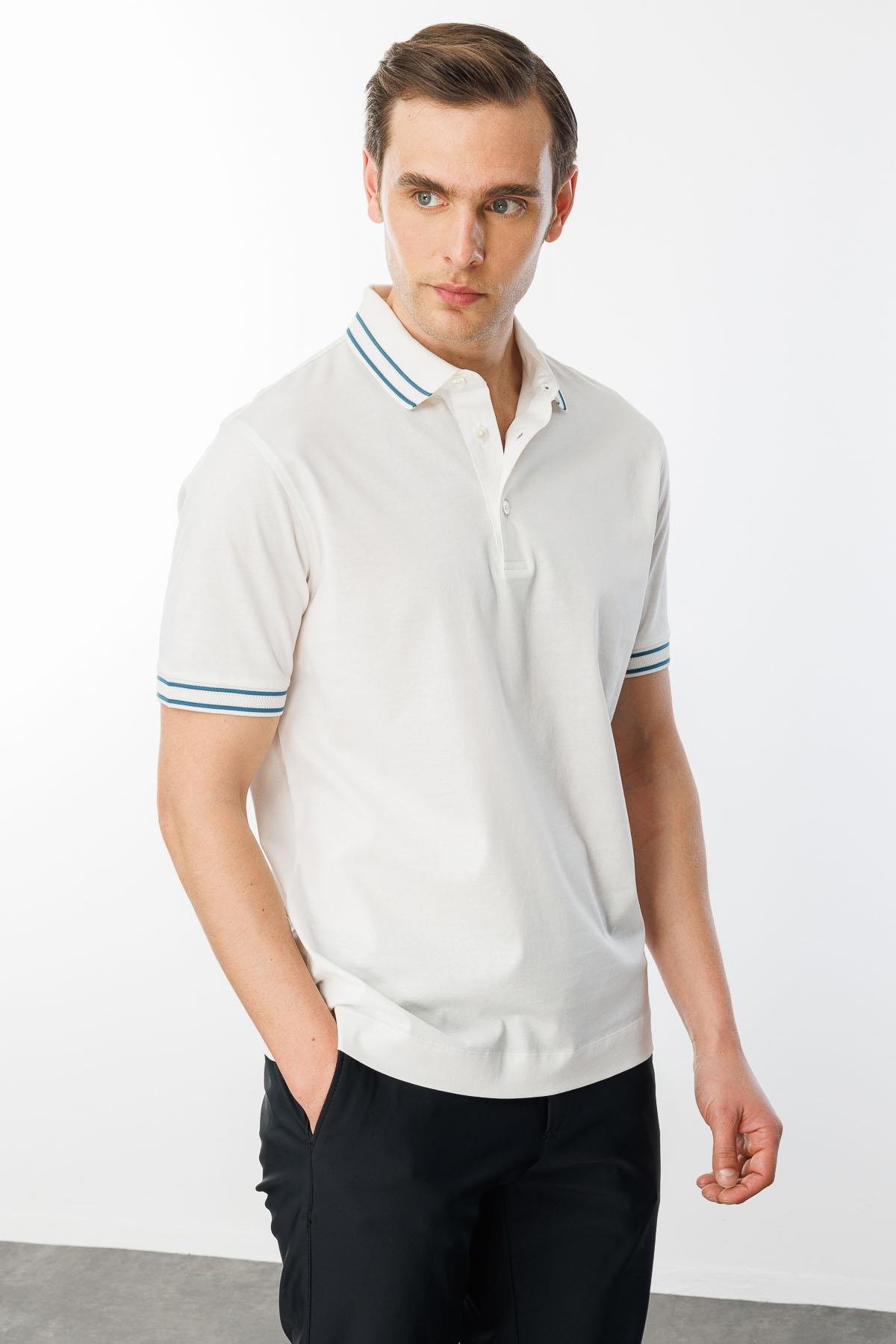 25743Erkek Polo Yaka Merserize T-shirt Beyaz