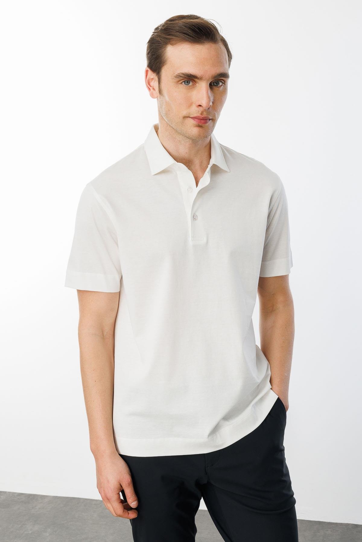 25746Erkek Polo Yaka Merserize T-shirt K.Beyaz