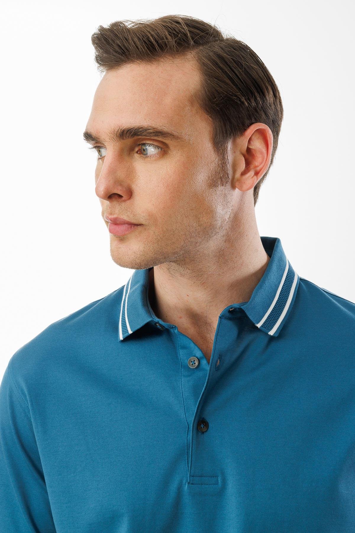 25743Erkek Polo Yaka Merserize T-shirt Petrol