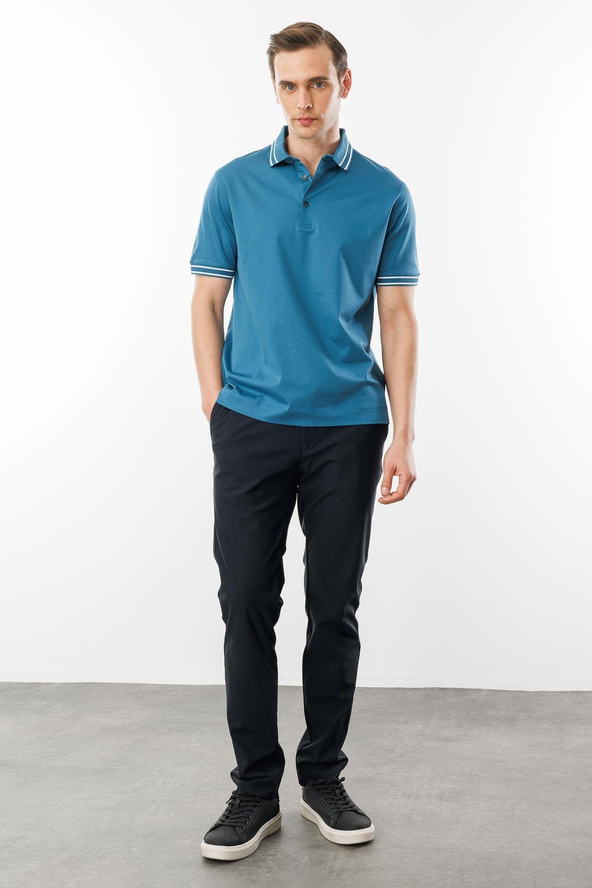 25743Erkek Polo Yaka Merserize T-shirt Petrol