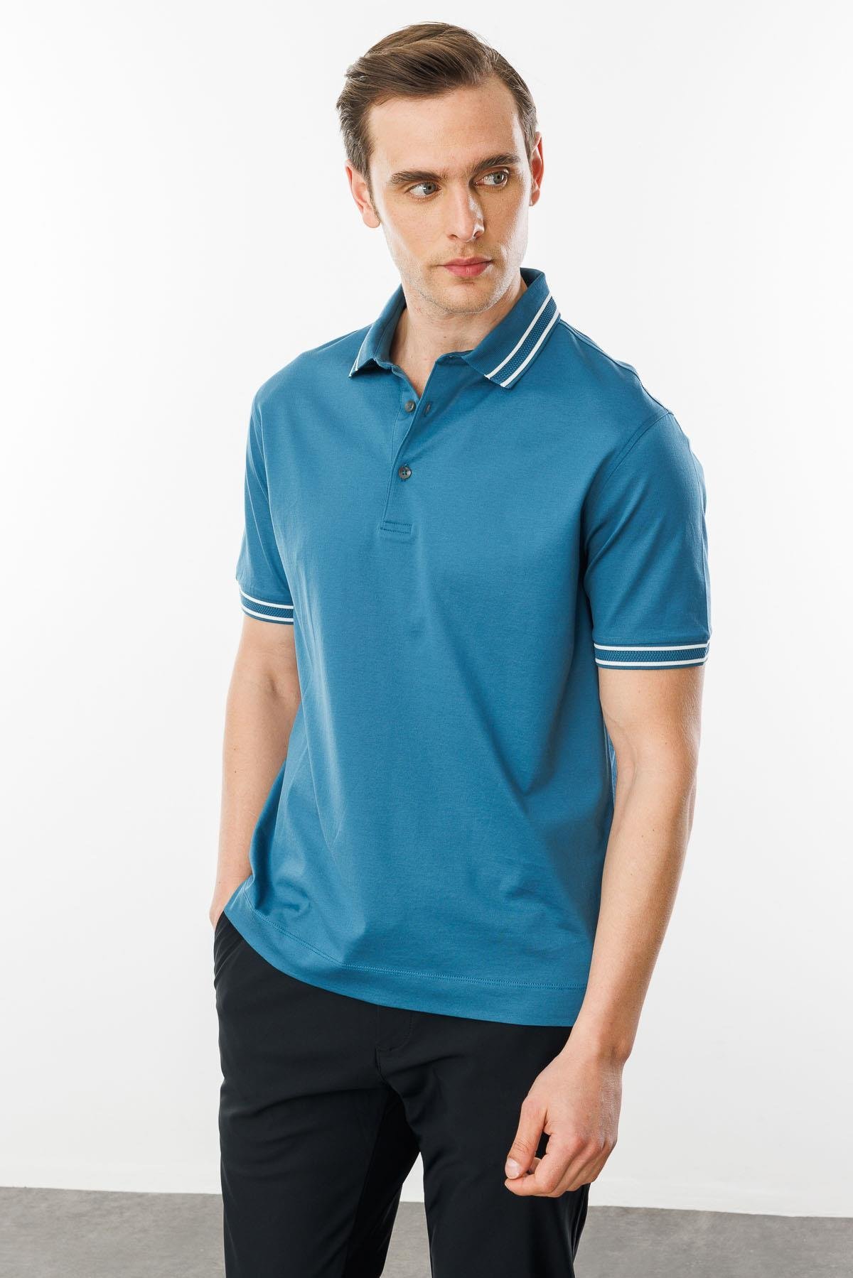25743Erkek Polo Yaka Merserize T-shirt Petrol