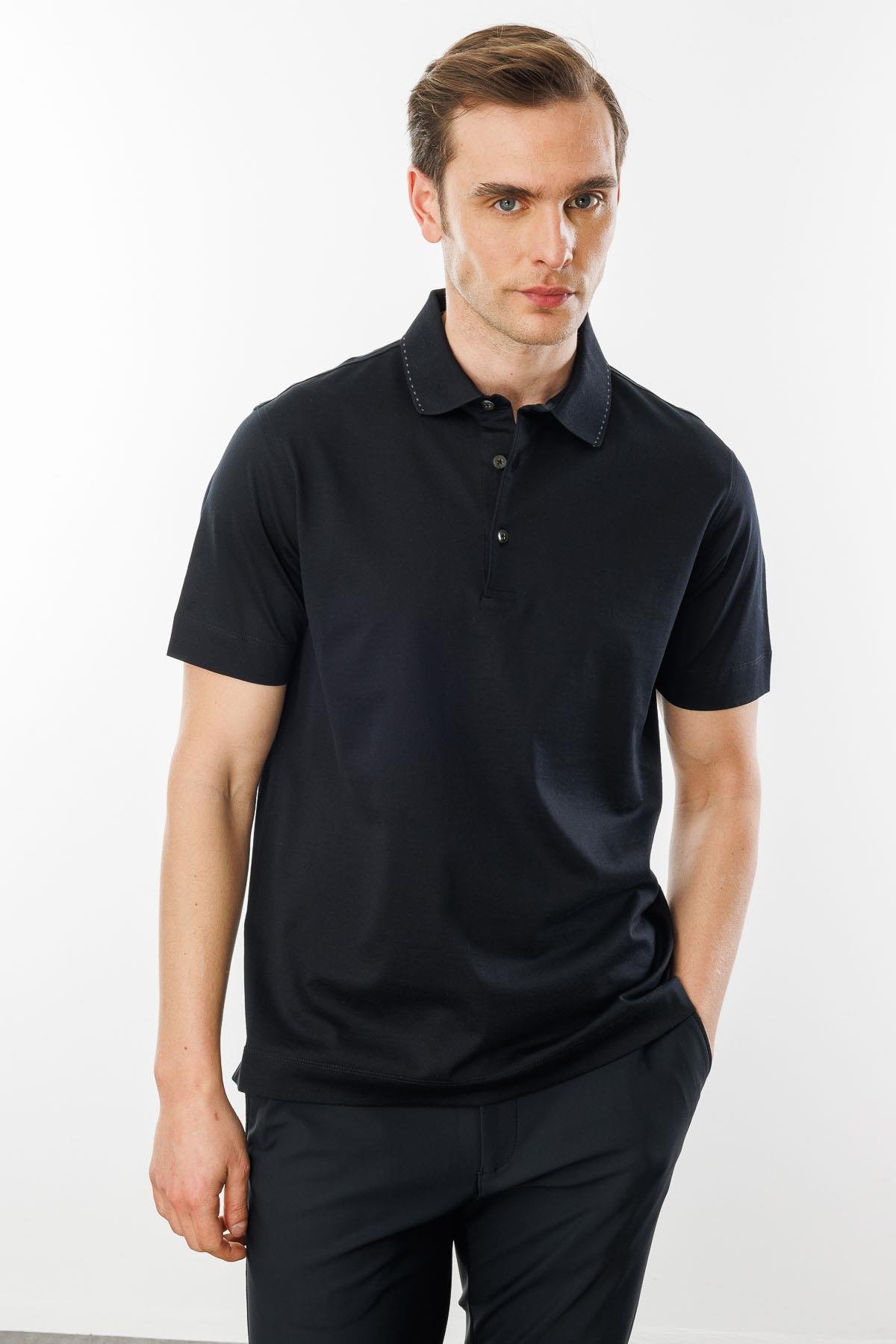 25747Erkek Polo Yaka Merserize T-shirt Siyah