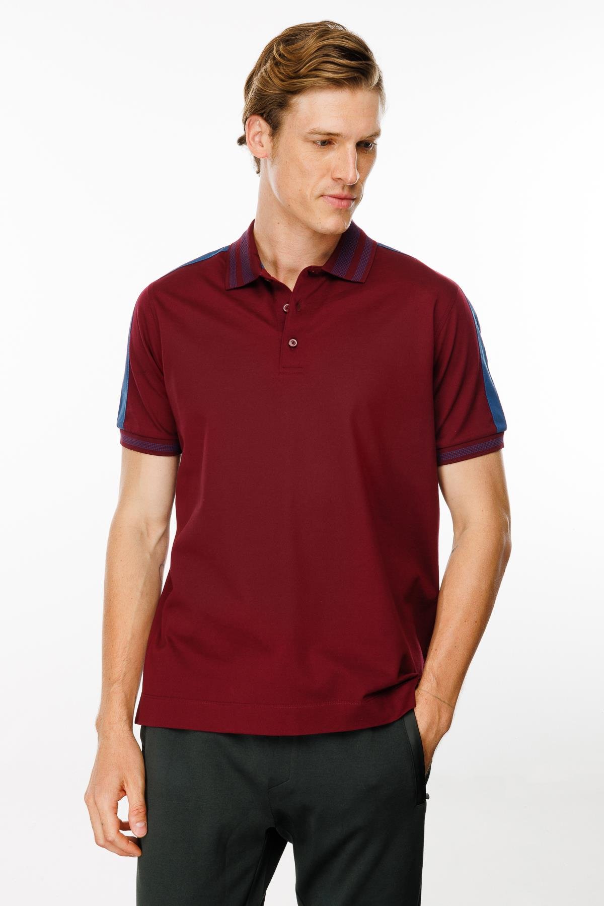 MTA 19Erkek Polo Yaka Omuzu Şeritli T-shirt Bordo