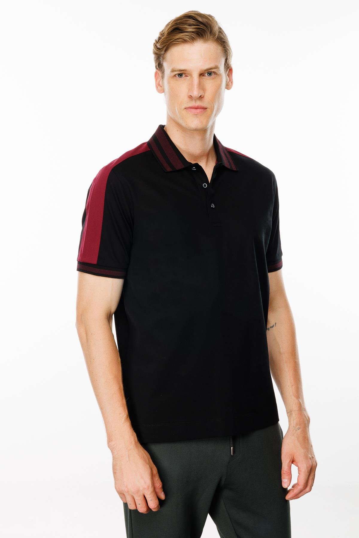 MTA 19Erkek Polo Yaka Omuzu Şeritli T-shirt Siyah