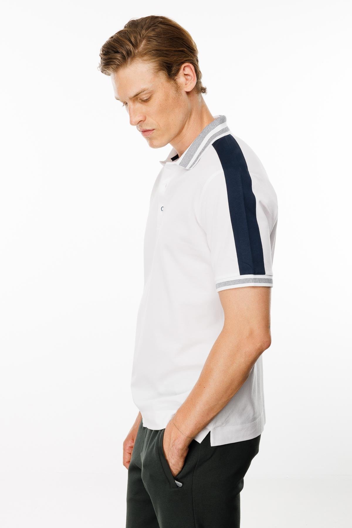 MTA 19Erkek Polo Yaka Omuzu Şeritli T-shirt Beyaz