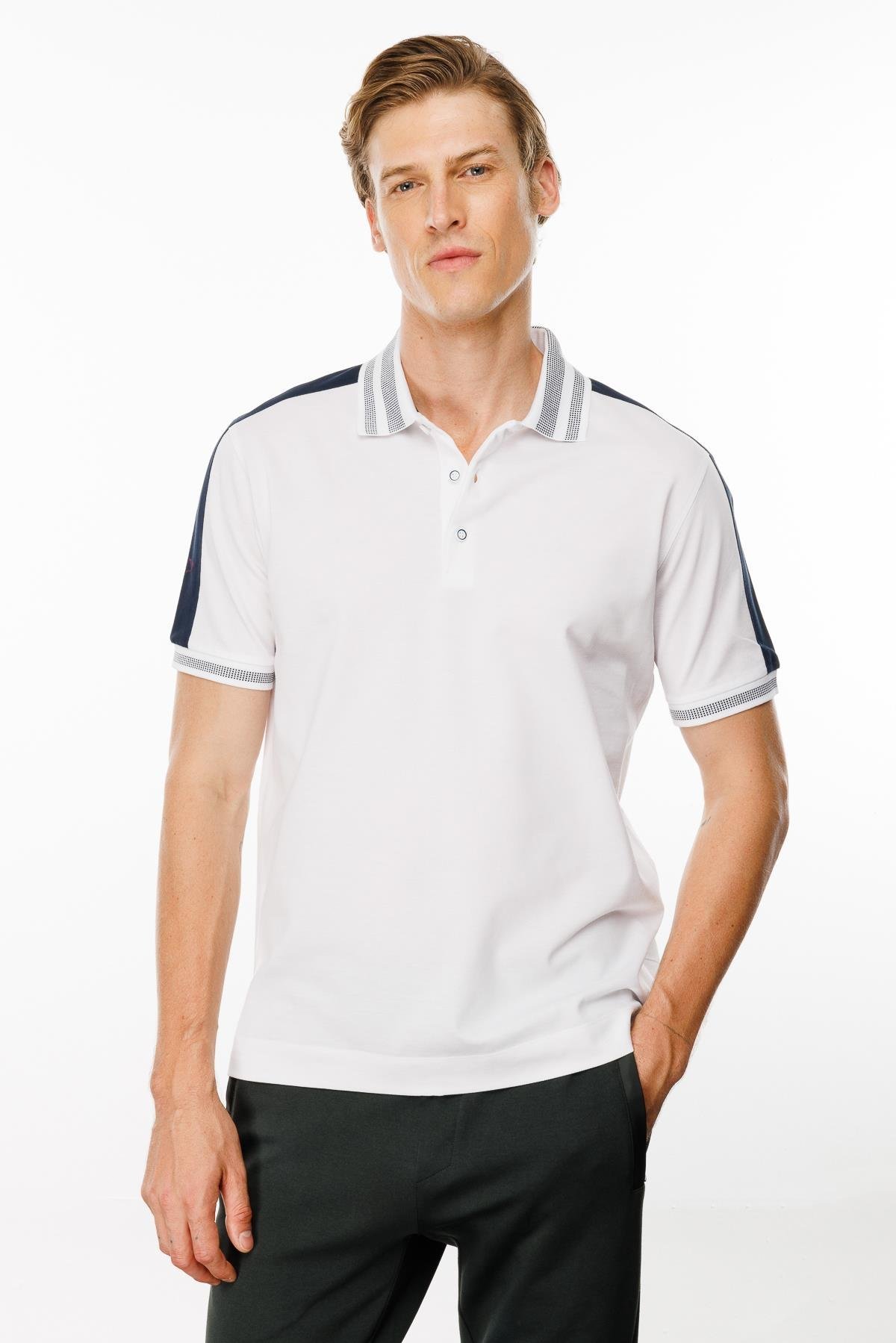 MTA 19Erkek Polo Yaka Omuzu Şeritli T-shirt Beyaz