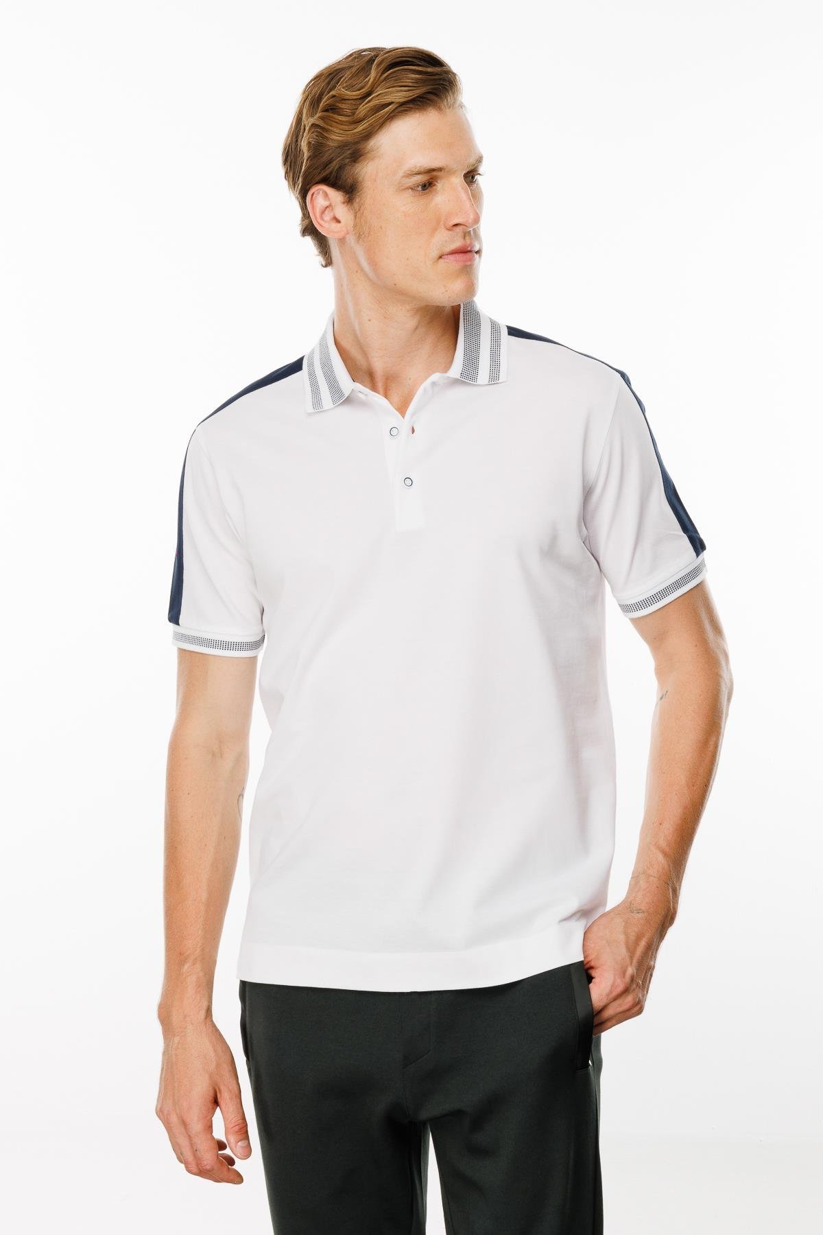 MTA 19Erkek Polo Yaka Omuzu Şeritli T-shirt Beyaz