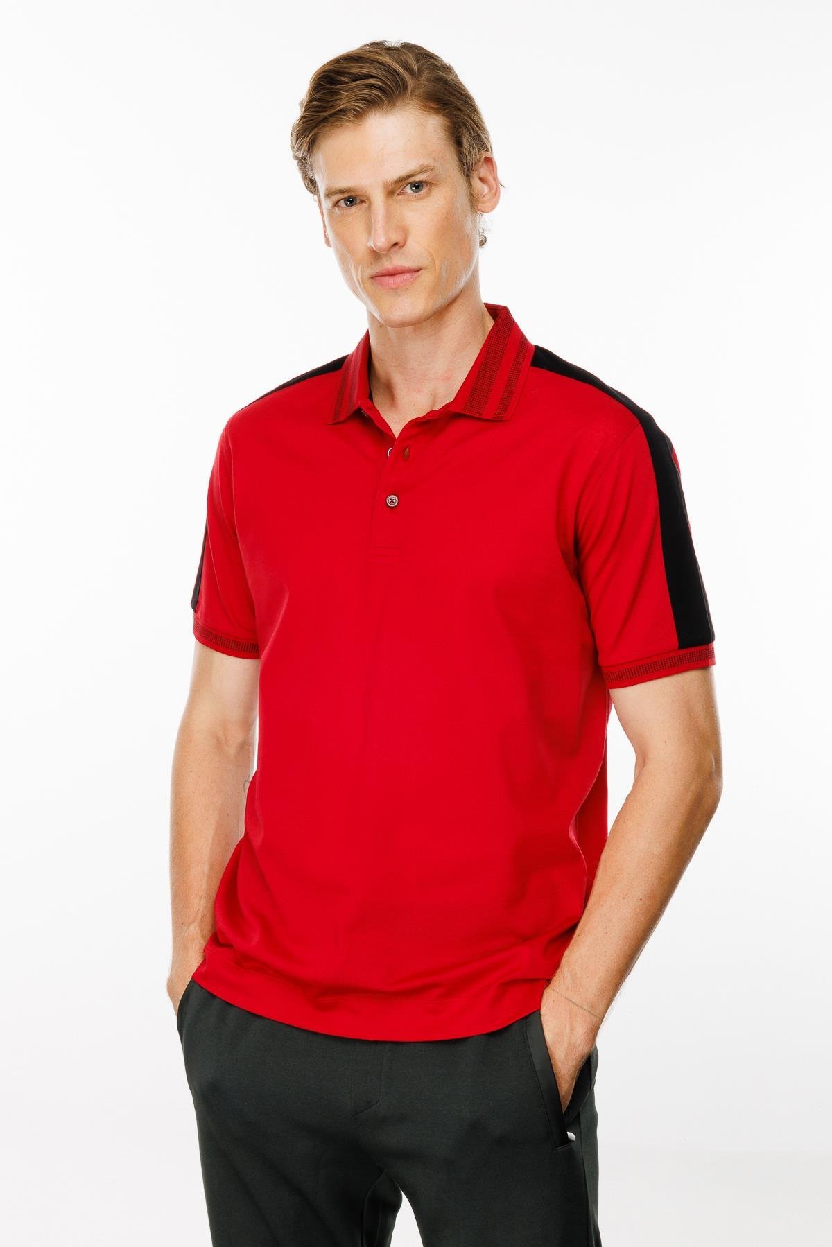 MTA 19Erkek Polo Yaka Omuzu Şeritli T-shirt Kırmızı