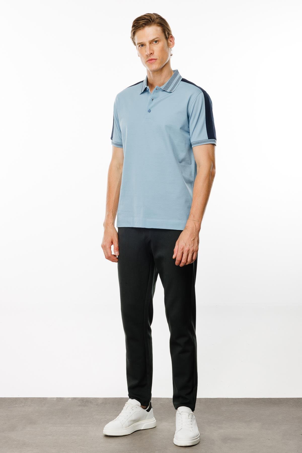 MTA 19Erkek Polo Yaka Omuzu Şeritli T-shirt Mavi