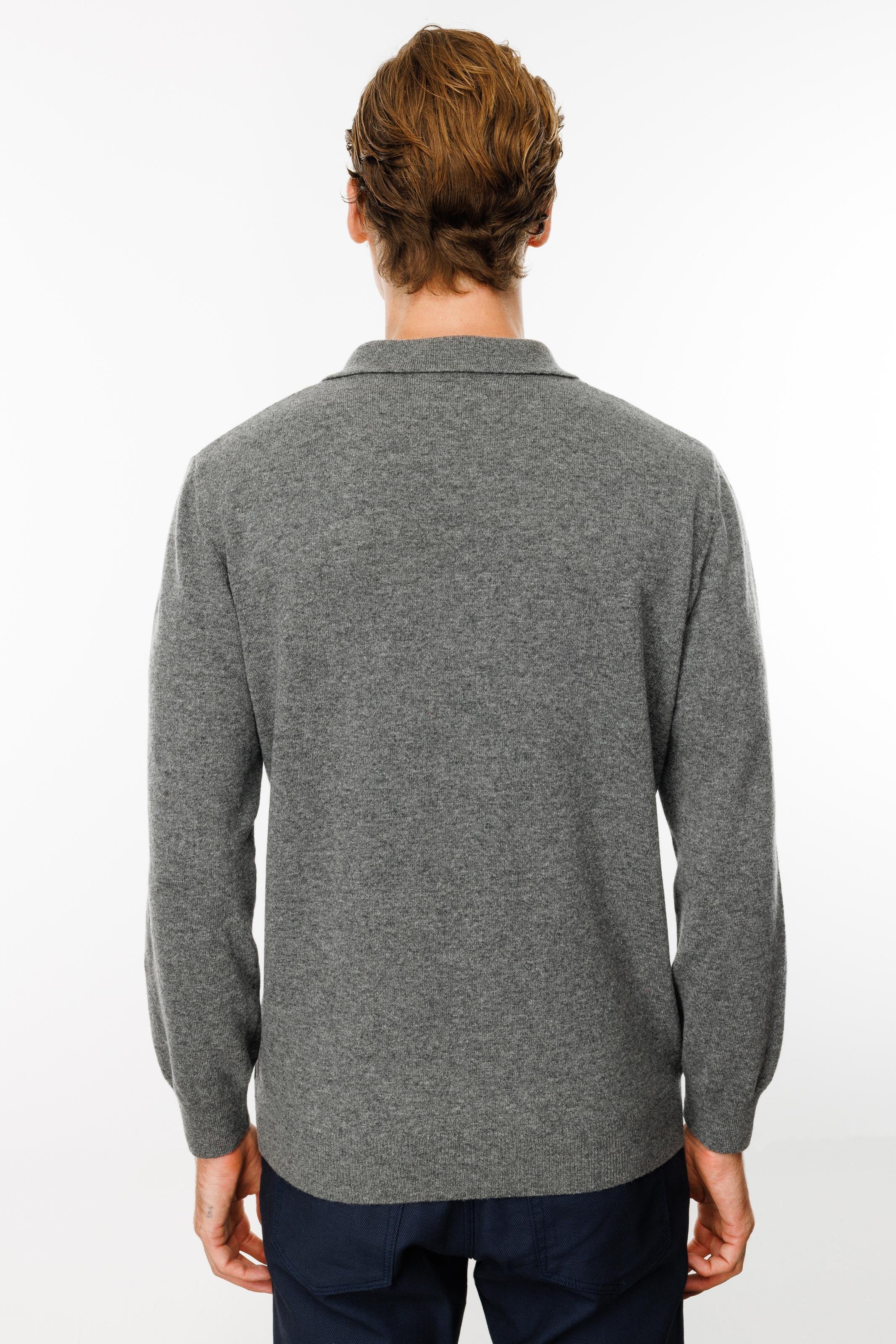 24513Erkek Polo Yaka Önü Baklaca Desenli Yün Kazak Füme