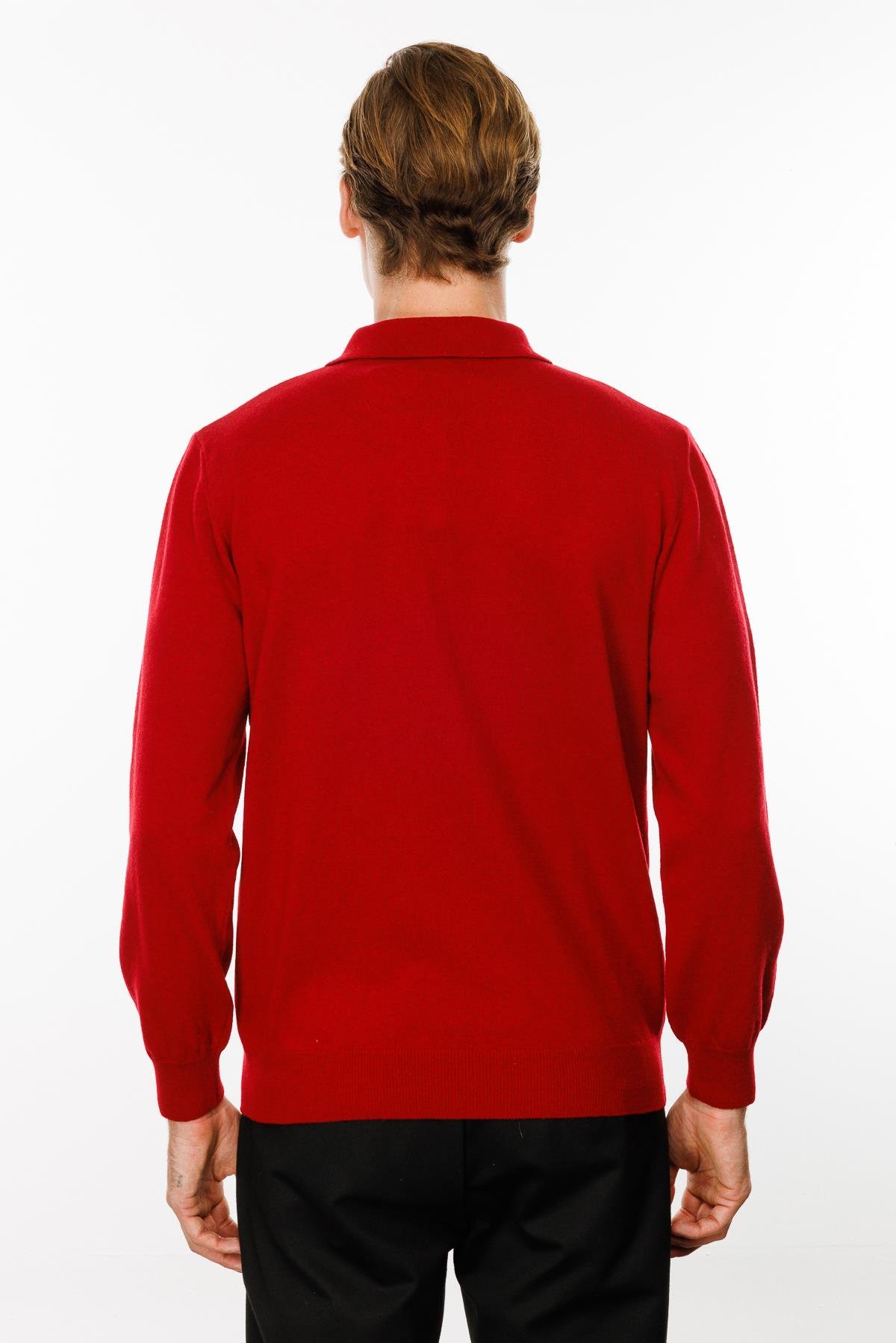 24513Erkek Polo Yaka Önü Baklaca Desenli Yün Kazak K.Kırmızı