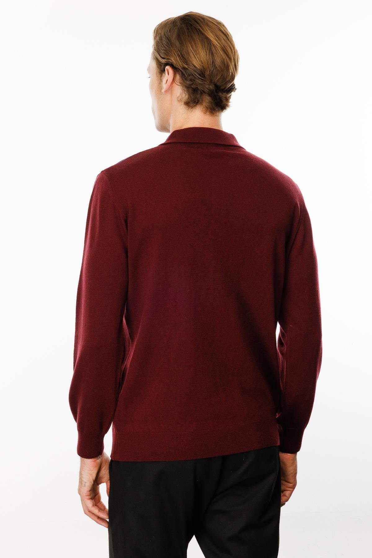 24513Erkek Polo Yaka Önü Baklaca Desenli Yün Kazak Bordo