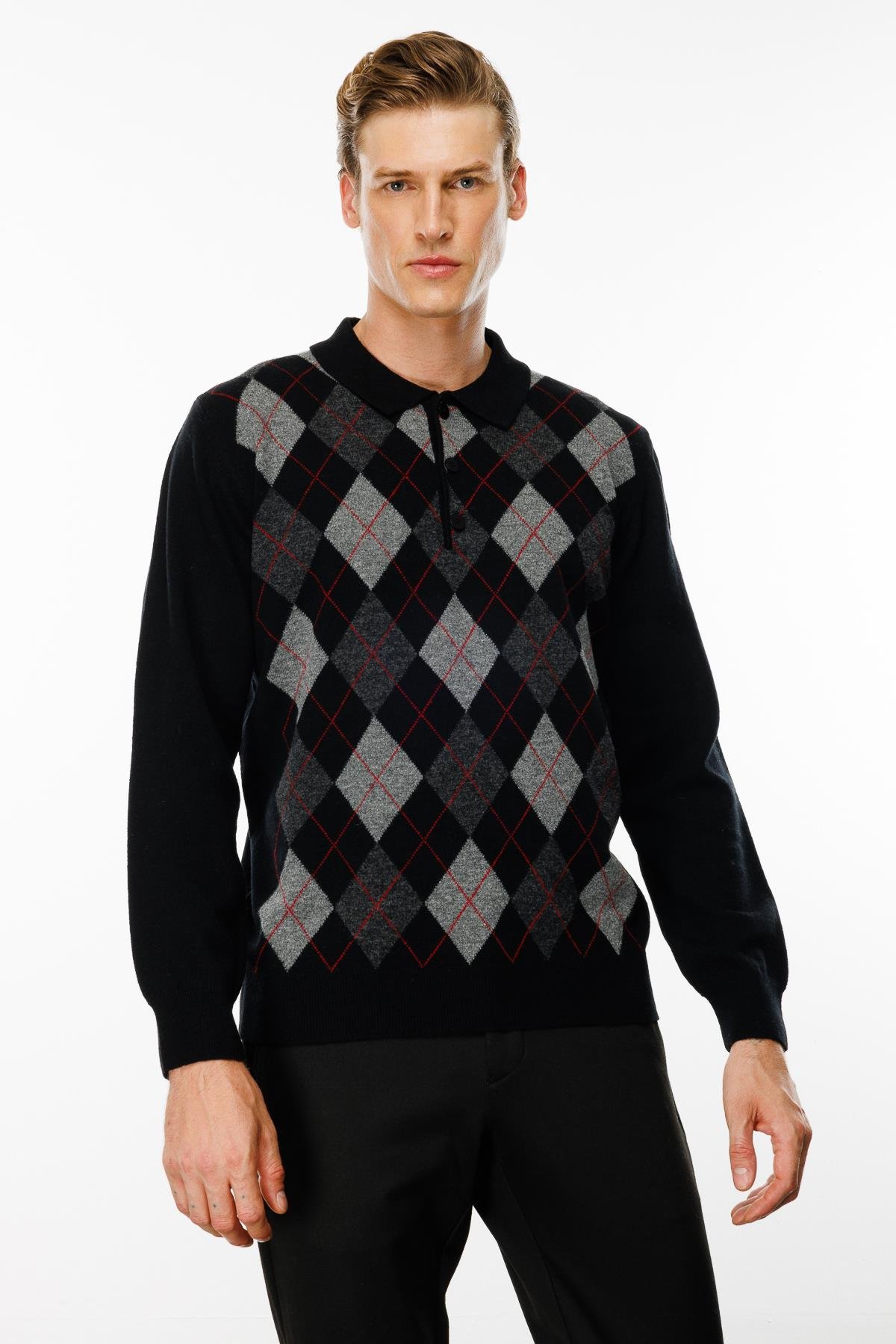 24513Erkek Polo Yaka Önü Baklaca Desenli Yün Kazak Siyah