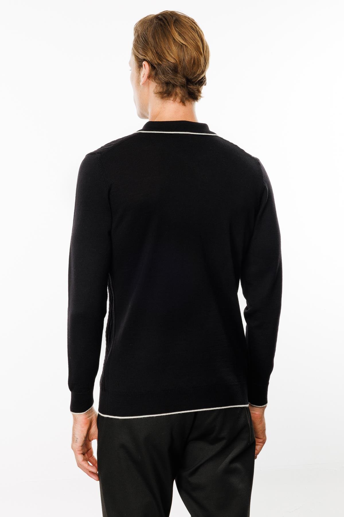 24611Erkek Polo Yaka Önü Baklava Örgü Kazak Siyah