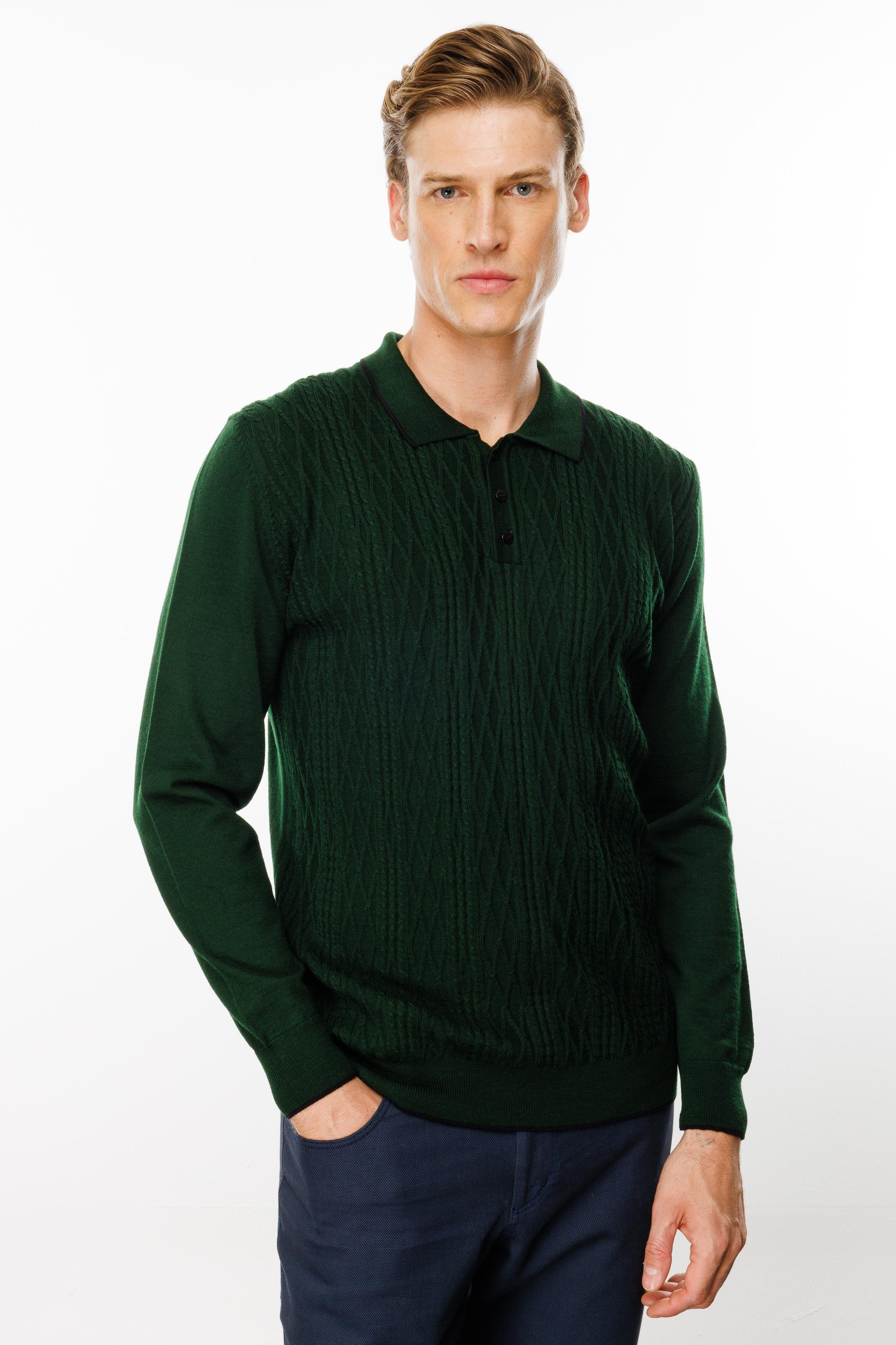 24611Erkek Polo Yaka Önü Baklava Örgü Kazak A.Yeşil