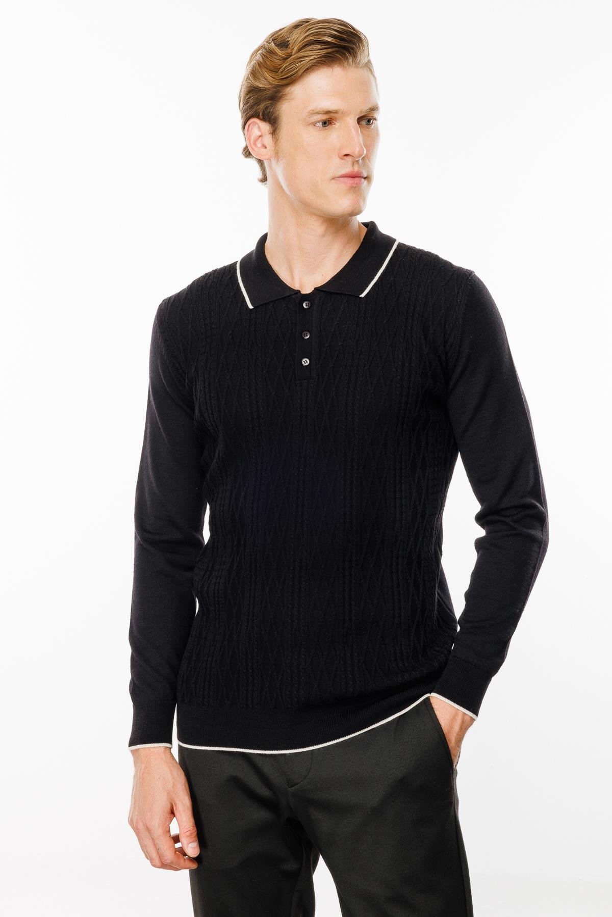 24611Erkek Polo Yaka Önü Baklava Örgü Kazak Siyah