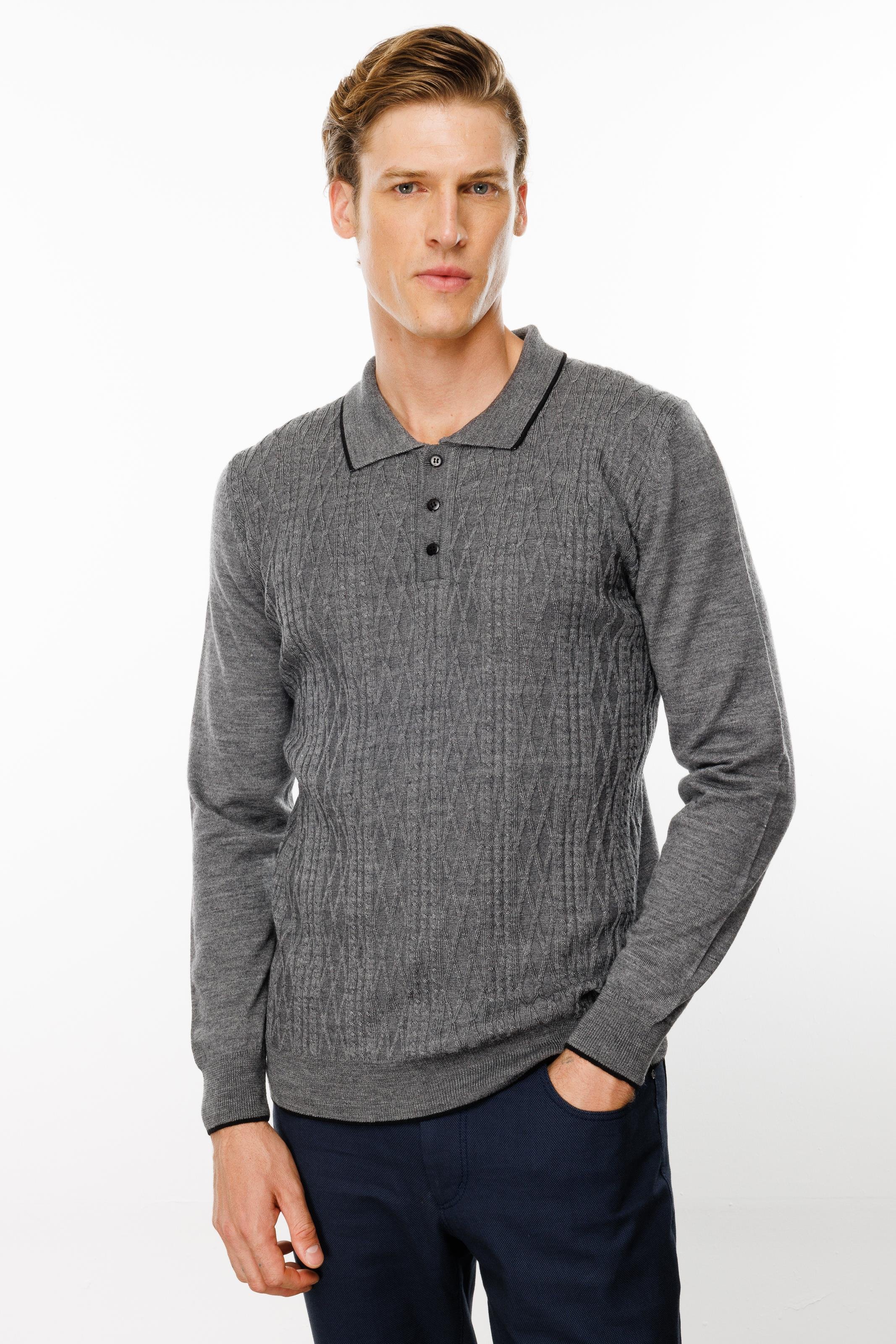 24611Erkek Polo Yaka Önü Baklava Örgü Kazak Füme