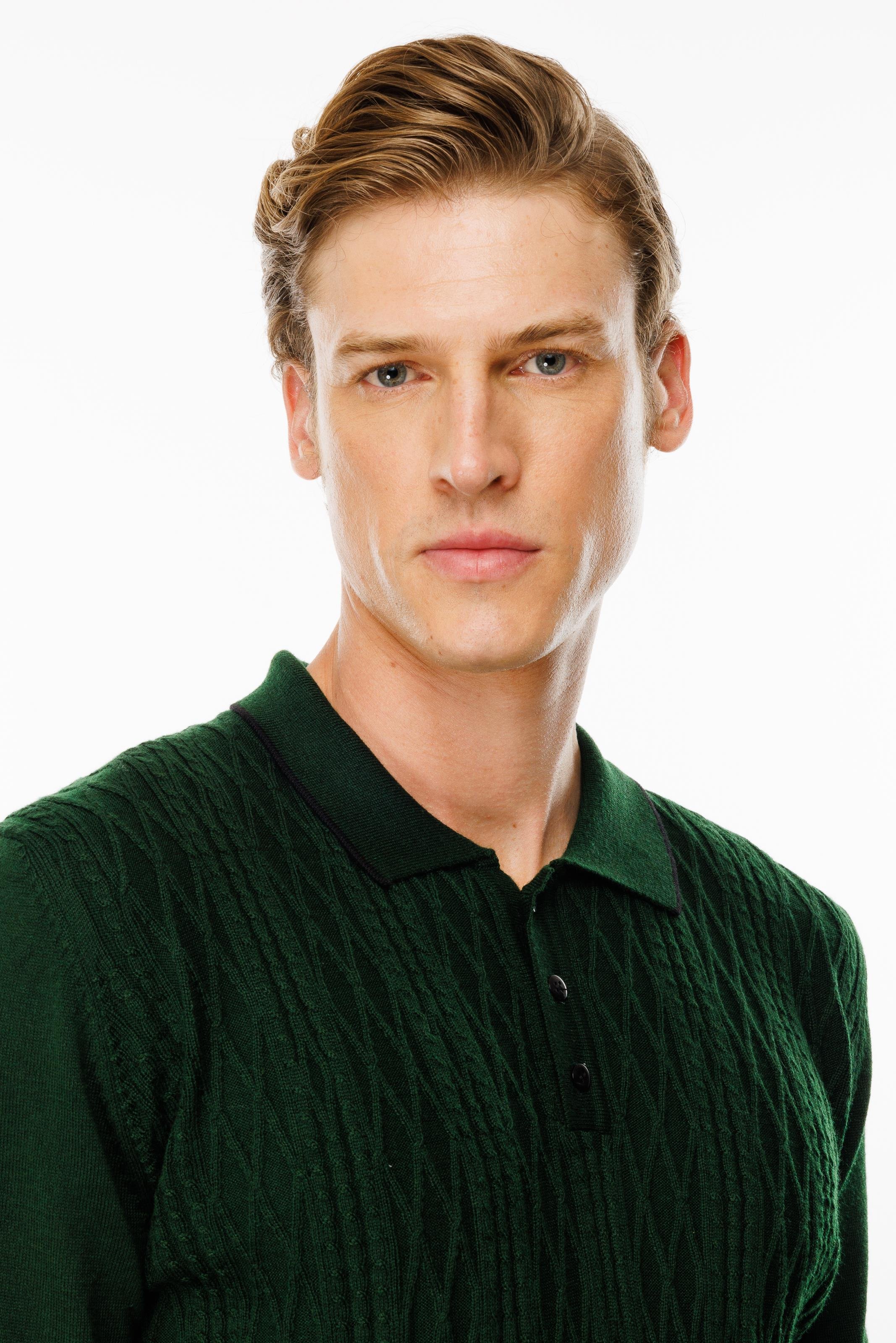 24611Erkek Polo Yaka Önü Baklava Örgü Kazak A.Yeşil