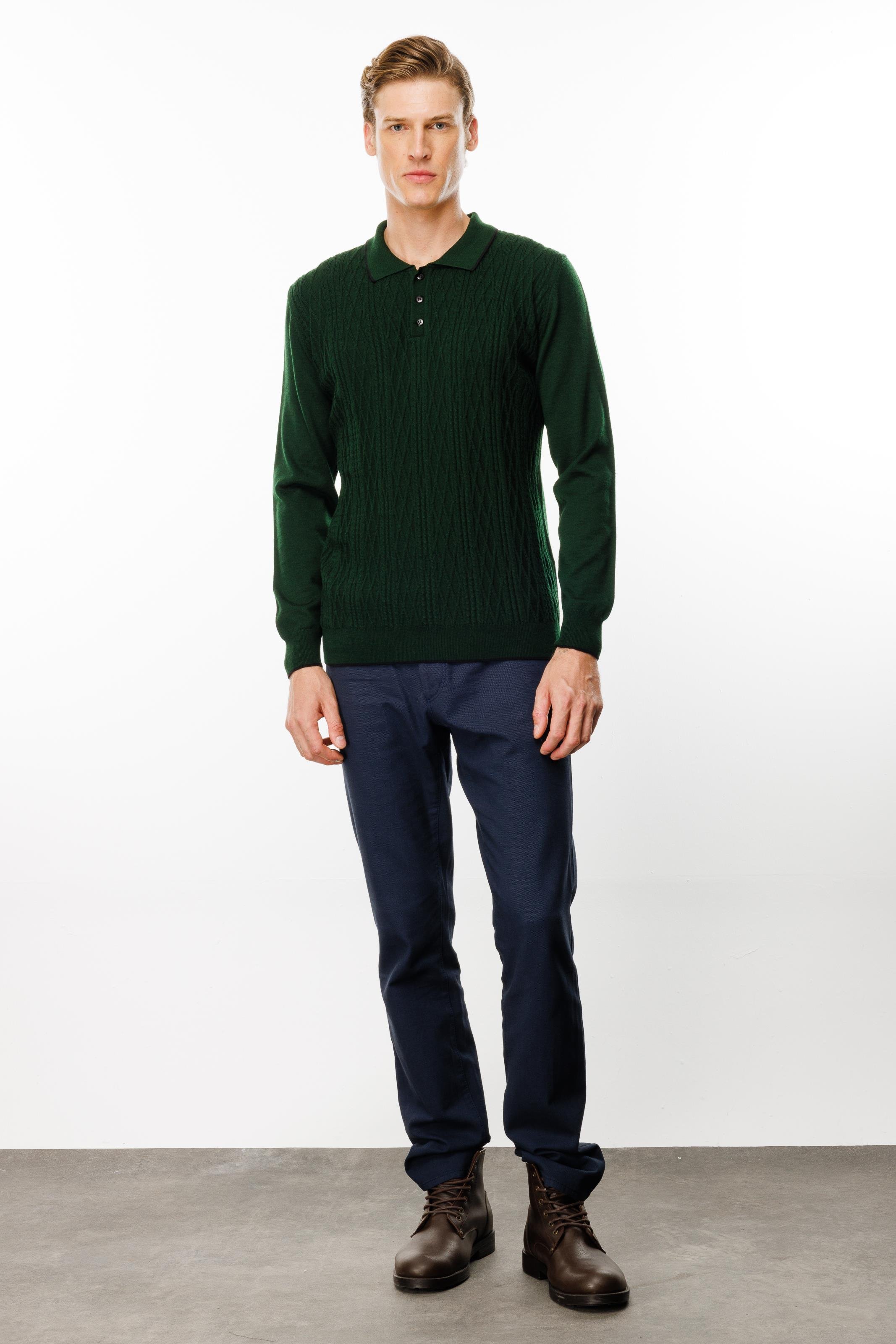 24611Erkek Polo Yaka Önü Baklava Örgü Kazak A.Yeşil