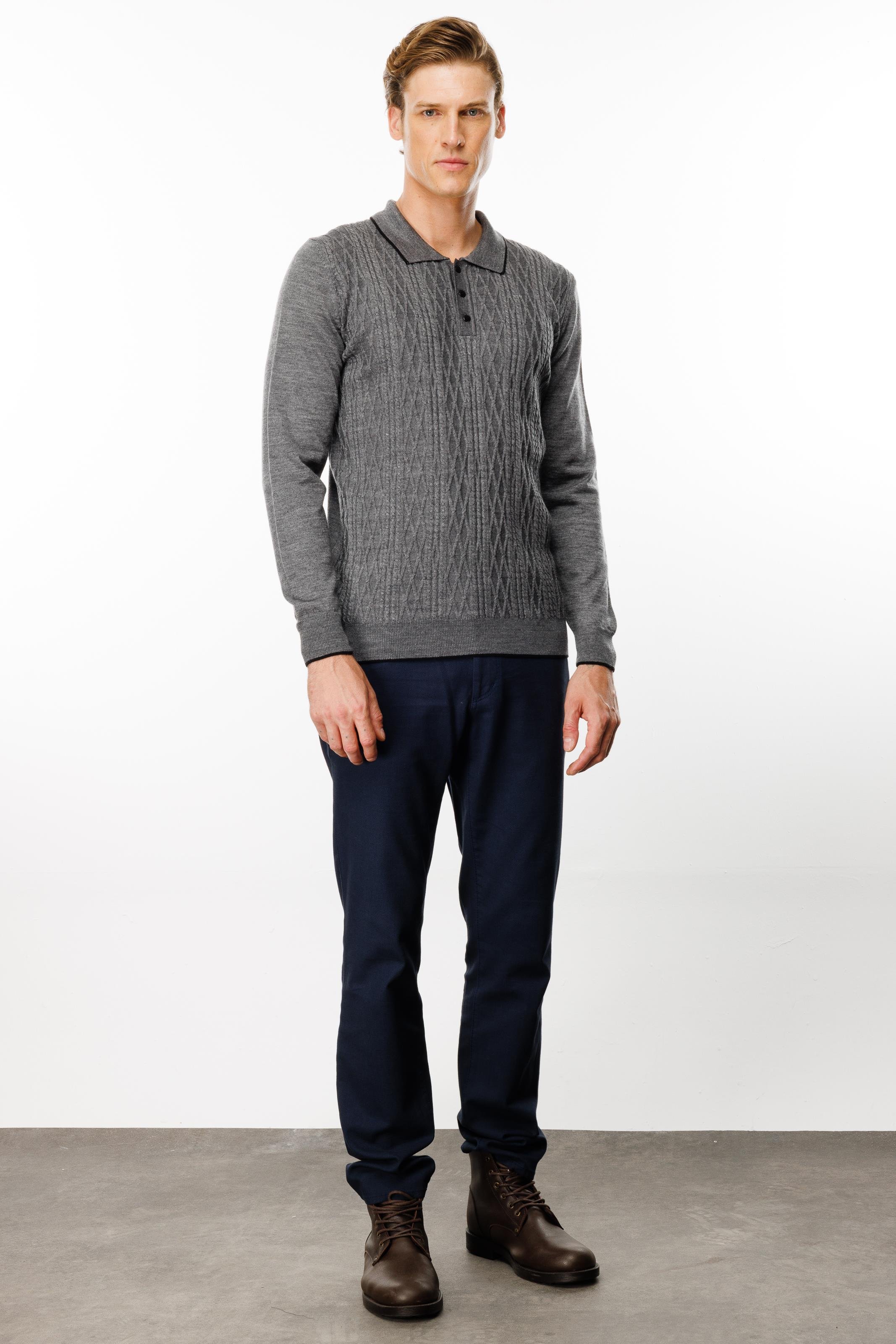 24611Erkek Polo Yaka Önü Baklava Örgü Kazak Füme