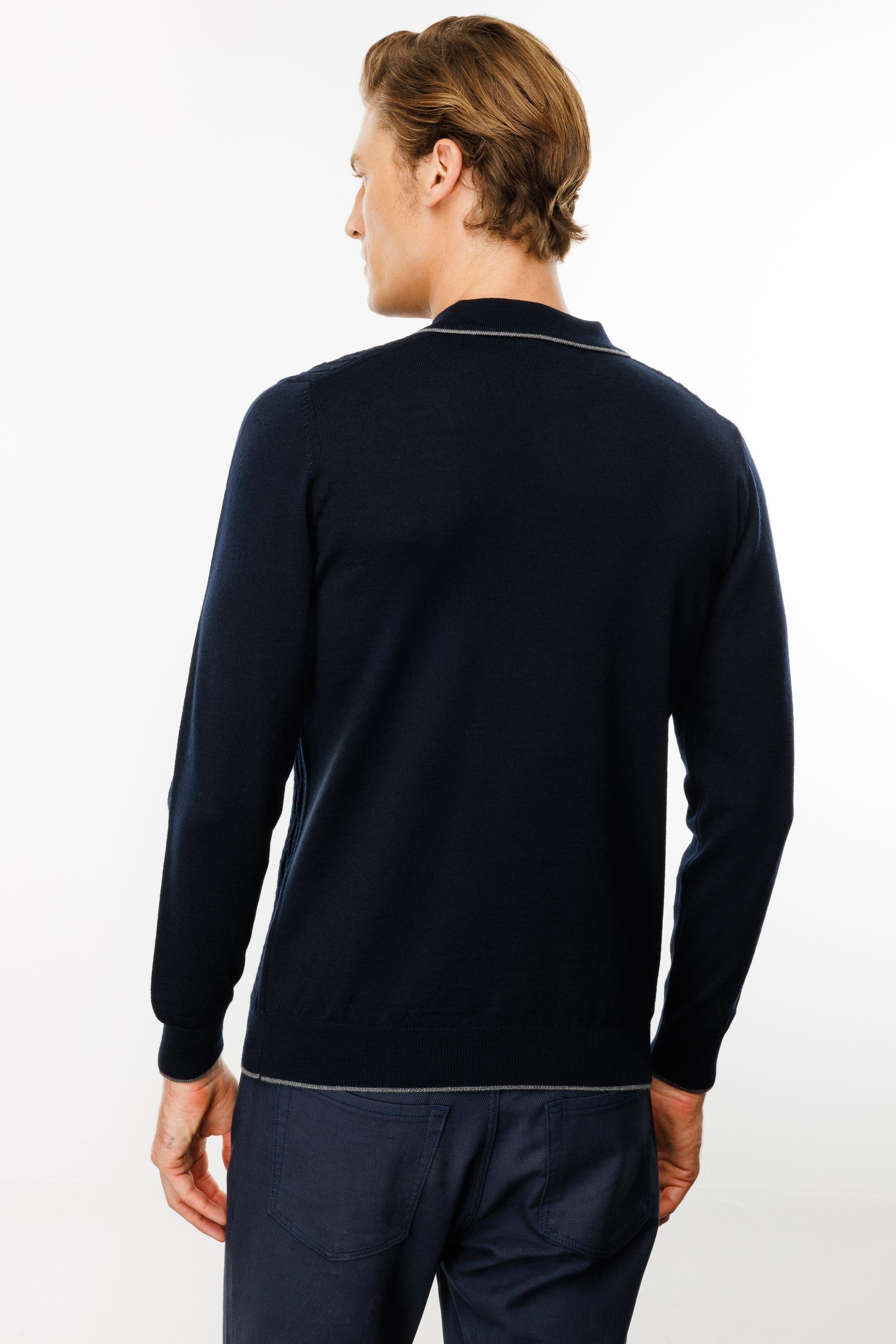 24611Erkek Polo Yaka Önü Baklava Örgü Kazak Lacivert