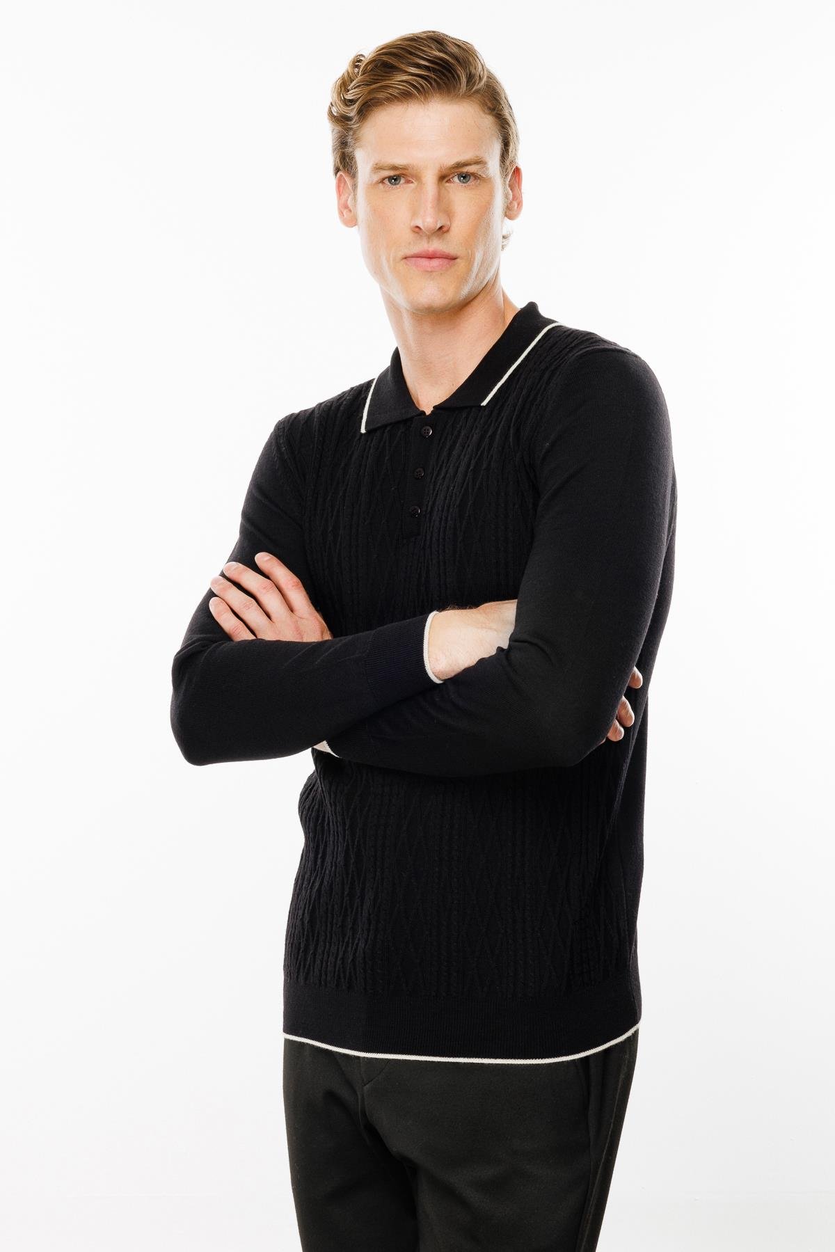 24611Erkek Polo Yaka Önü Baklava Örgü Kazak Siyah