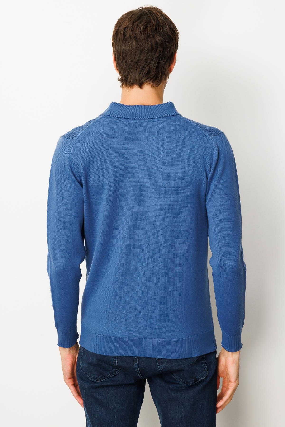 25608Erkek Polo Yaka Önü Baklavalı Triko Kazak H.Mavi