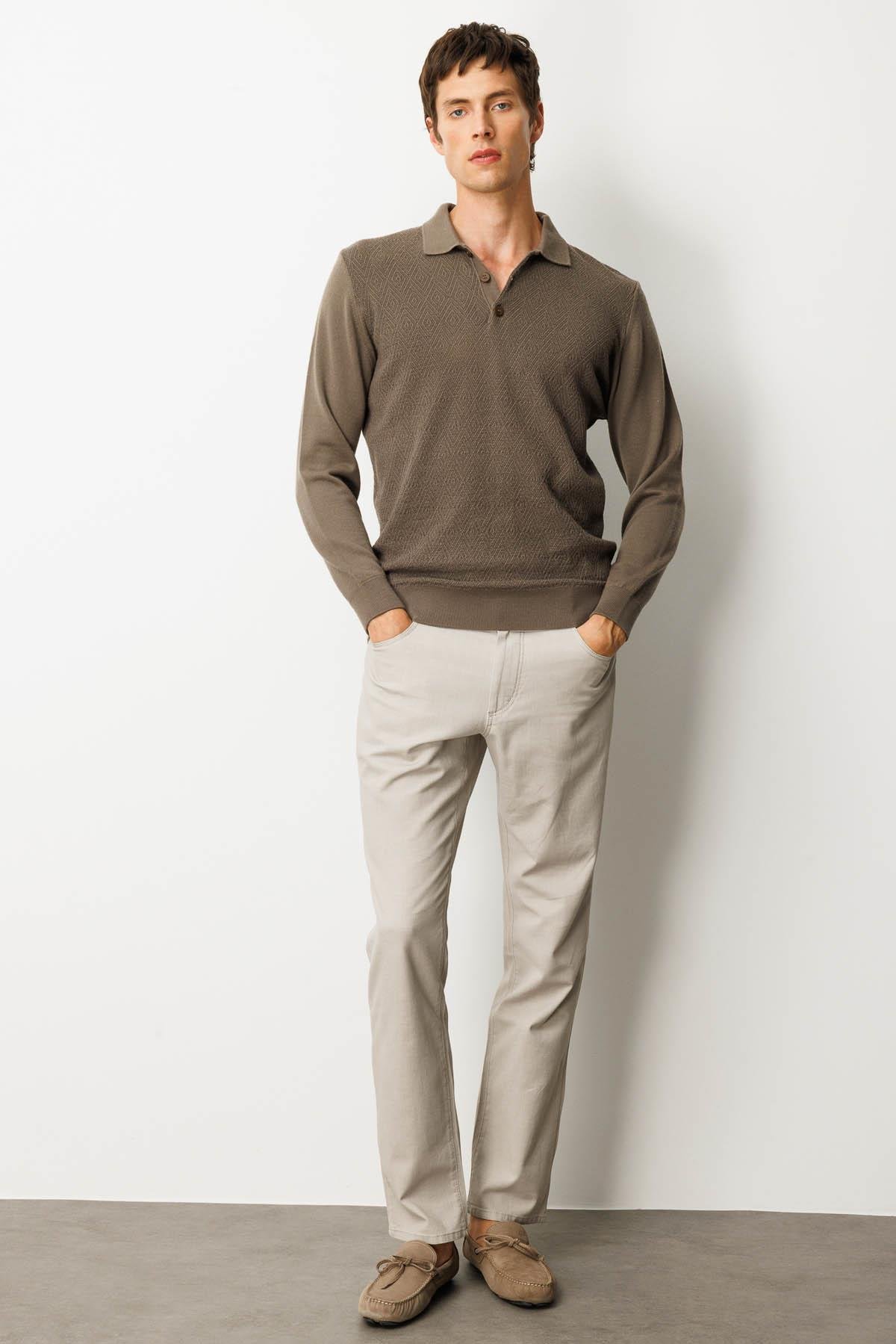 25608Erkek Polo Yaka Önü Baklavalı Triko Kazak Vizon