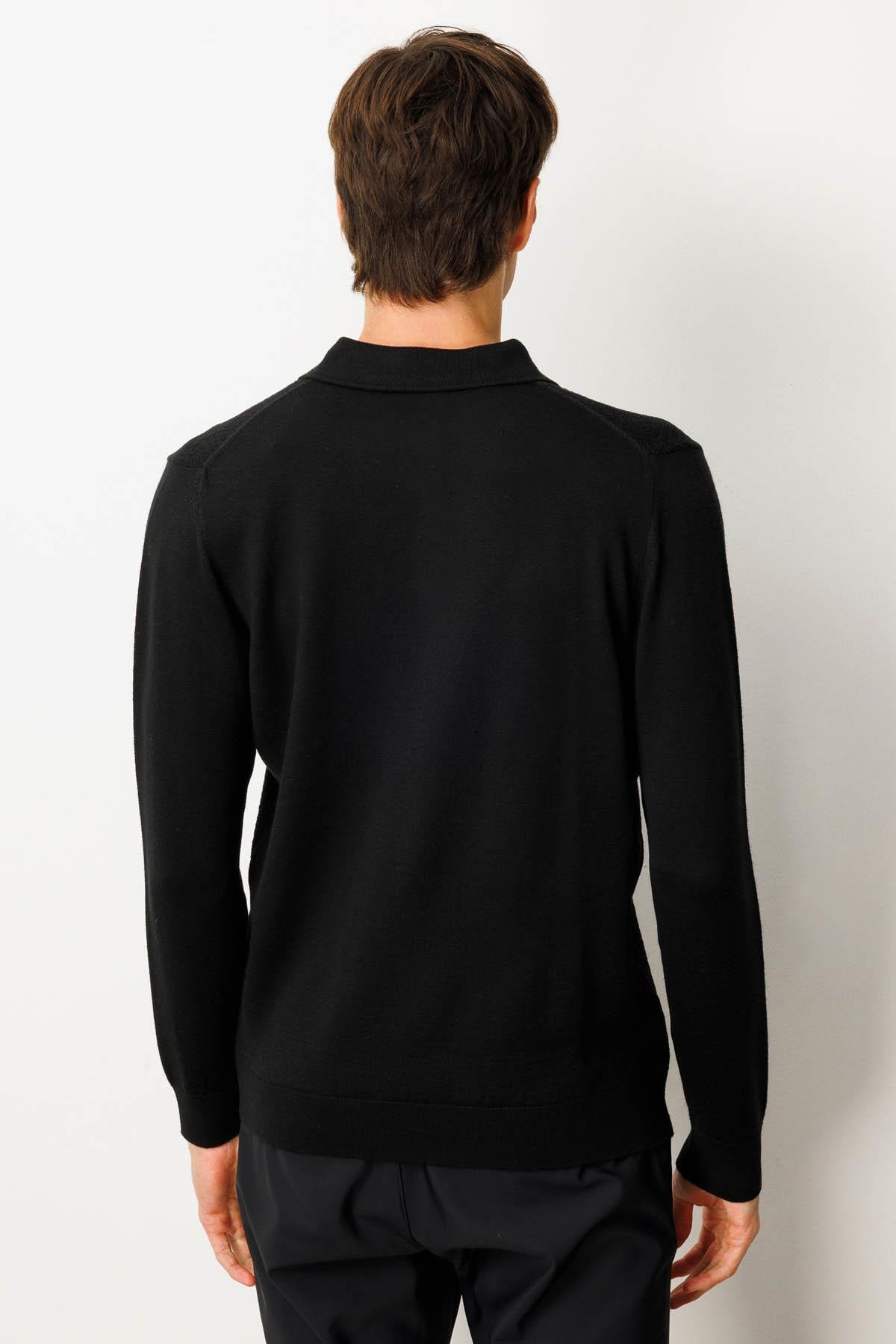 25608Erkek Polo Yaka Önü Baklavalı Triko Kazak Siyah