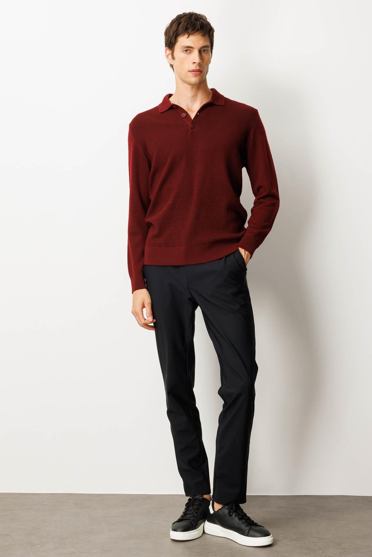 25608Erkek Polo Yaka Önü Baklavalı Triko Kazak Bordo