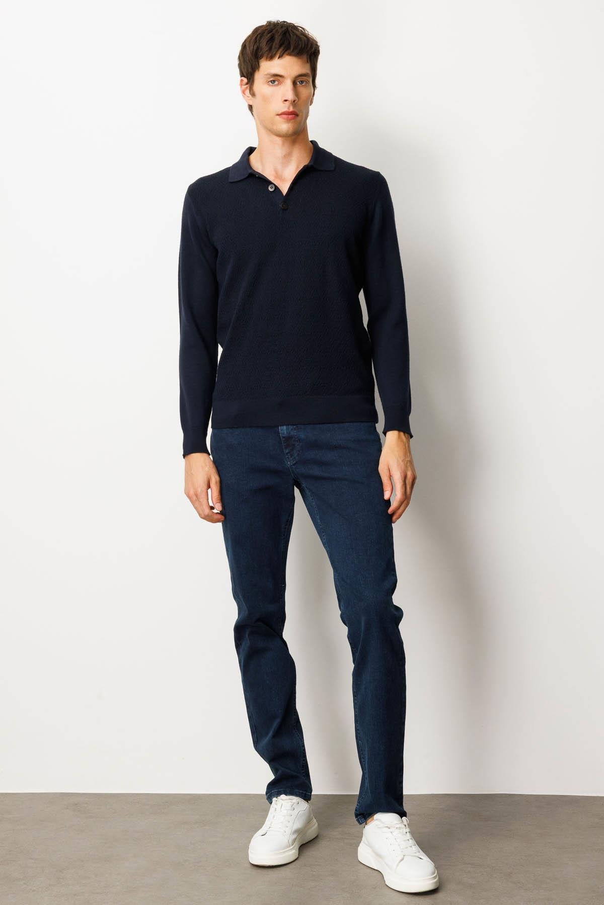 25608Erkek Polo Yaka Önü Baklavalı Triko Kazak K.Lacivert