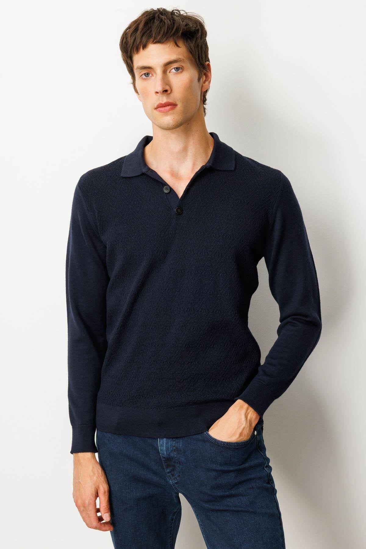 25608Erkek Polo Yaka Önü Baklavalı Triko Kazak K.Lacivert