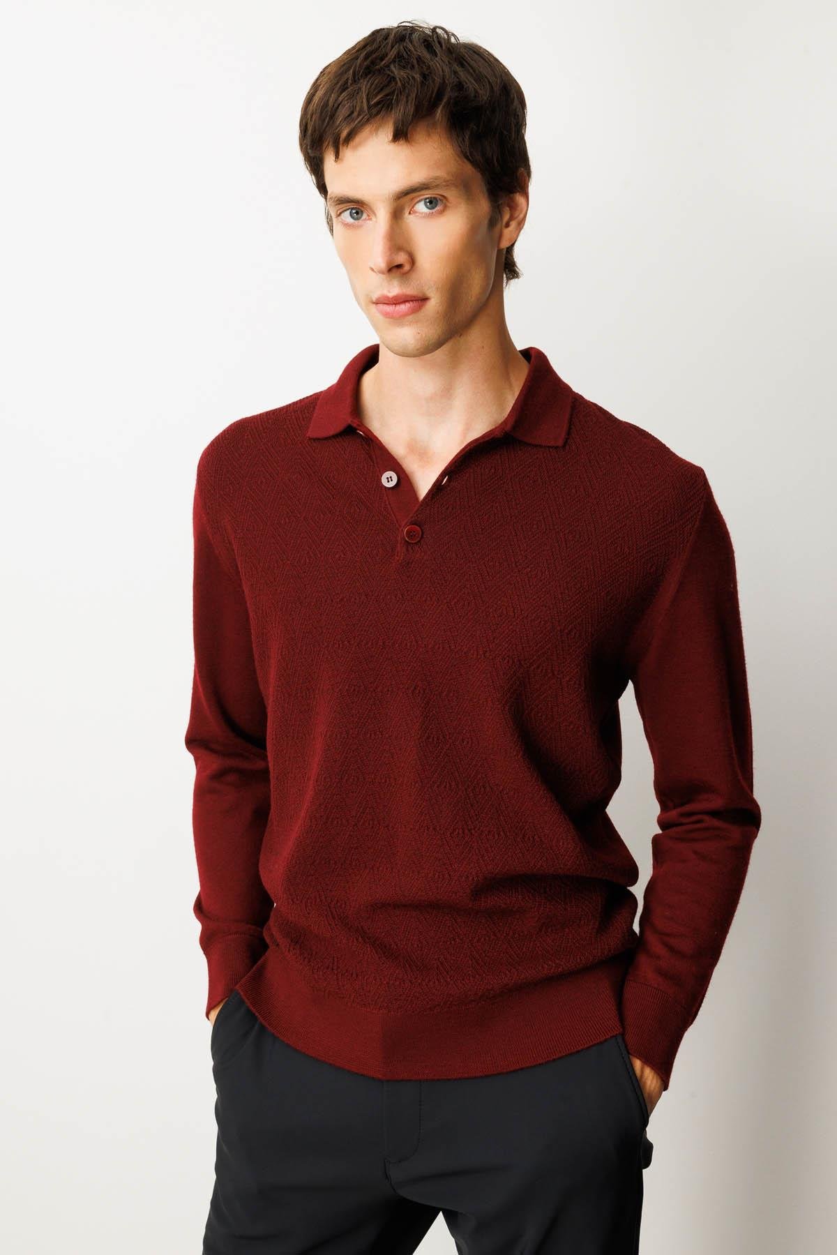 25608Erkek Polo Yaka Önü Baklavalı Triko Kazak Bordo