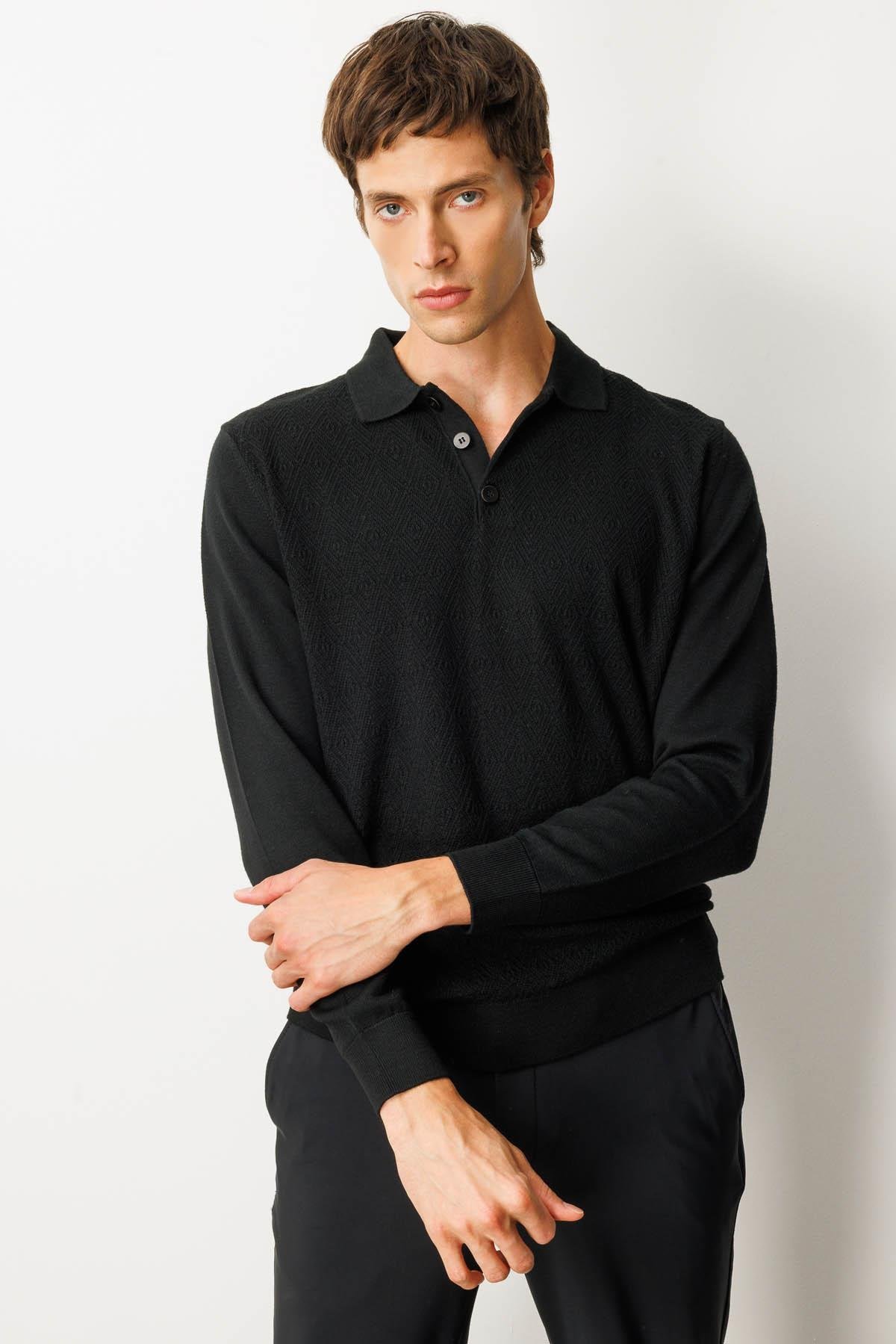 25608Erkek Polo Yaka Önü Baklavalı Triko Kazak Siyah