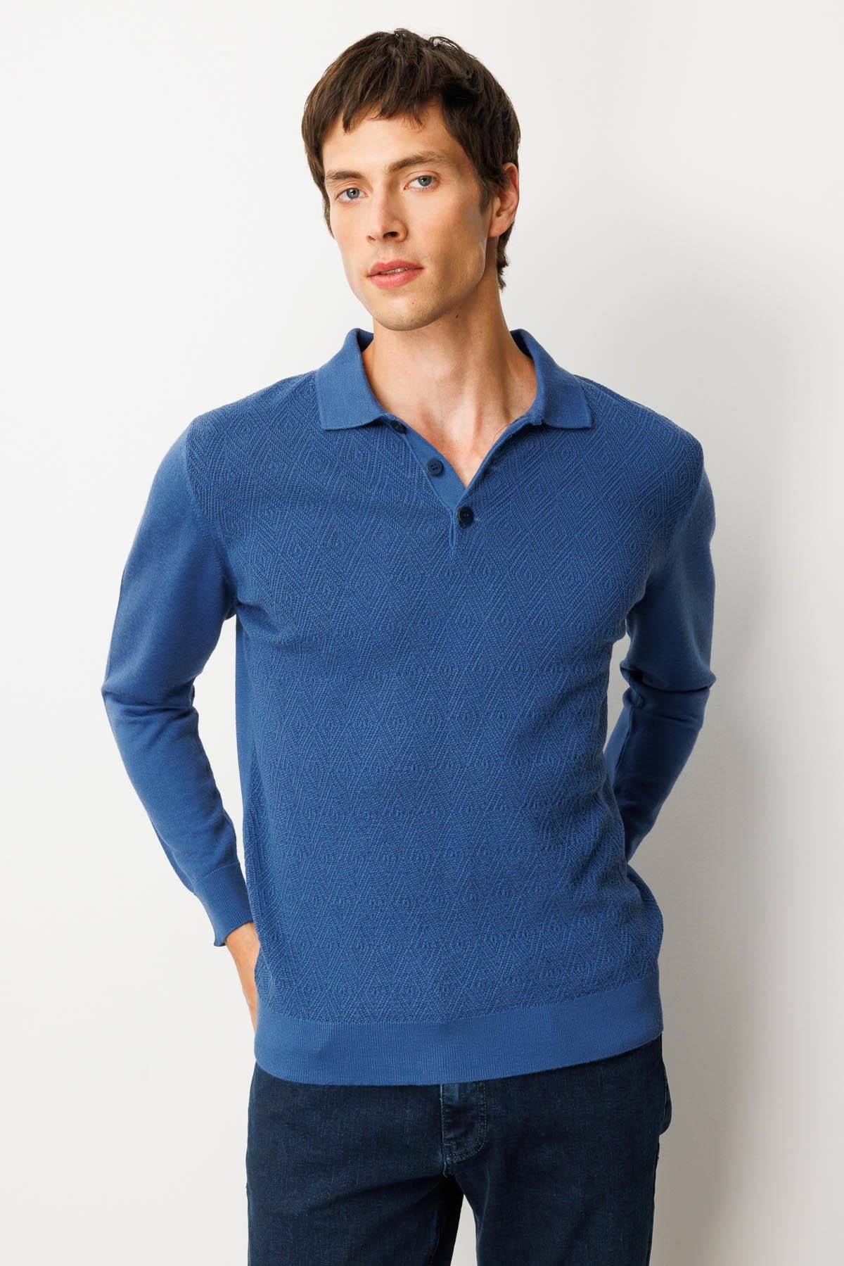 25608Erkek Polo Yaka Önü Baklavalı Triko Kazak H.Mavi