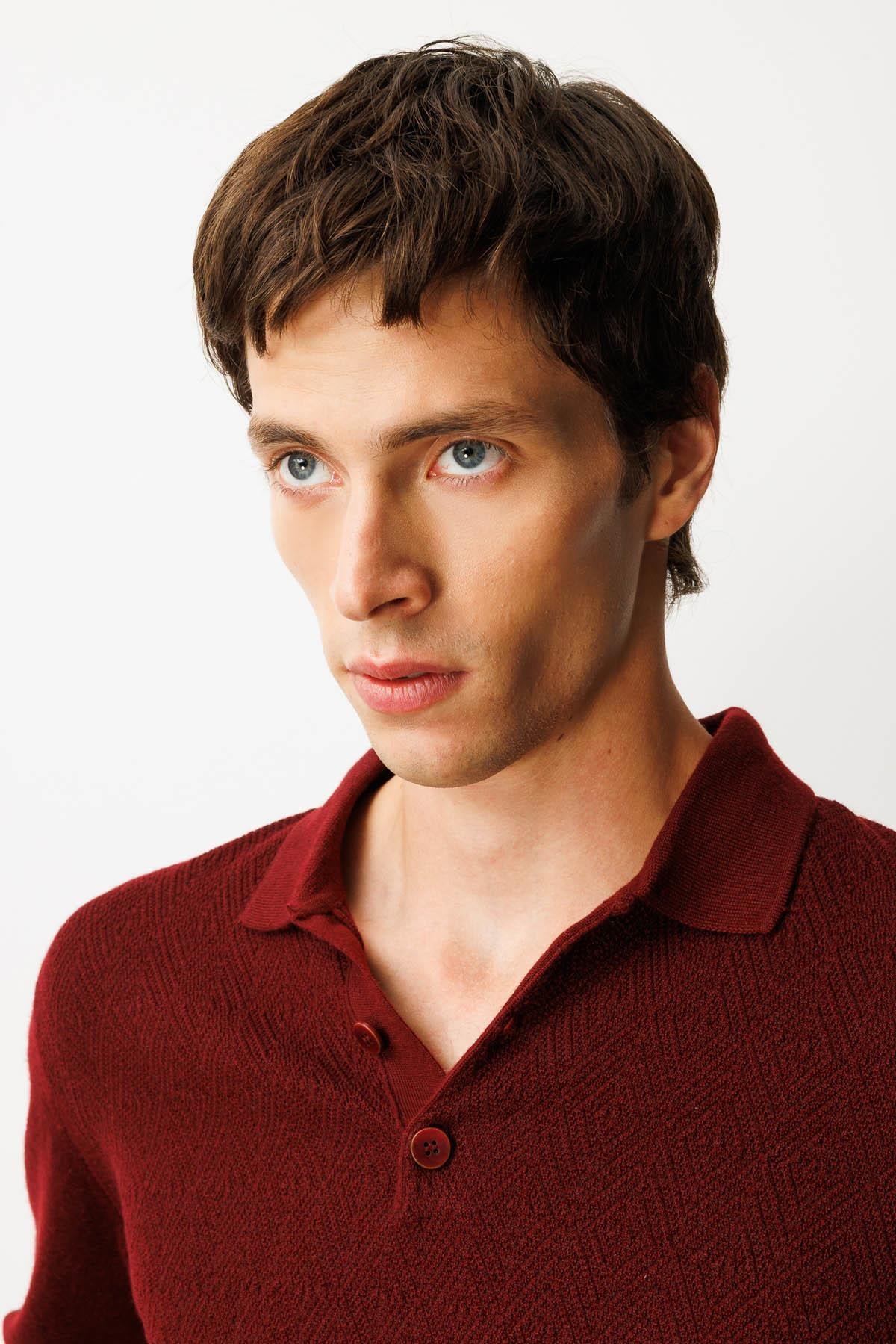 25608Erkek Polo Yaka Önü Baklavalı Triko Kazak Bordo