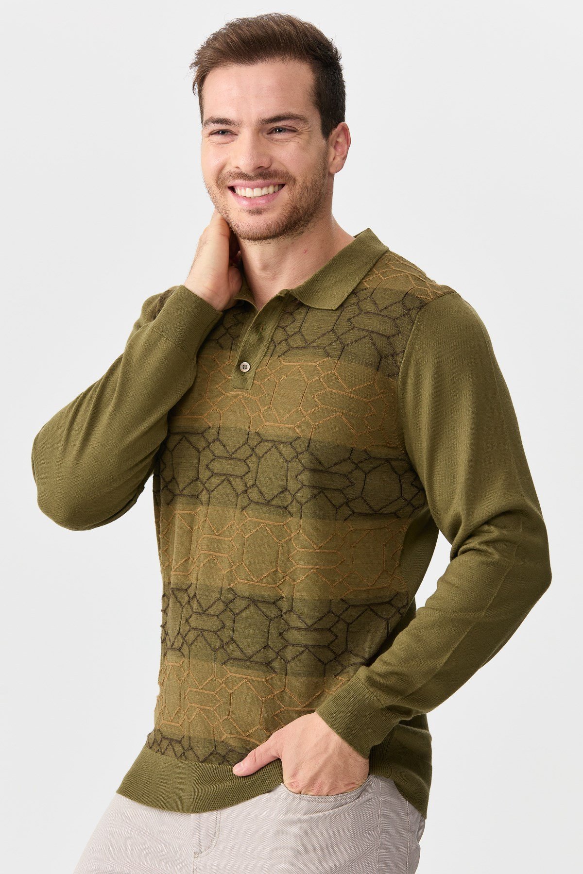 22613Erkek Polo Yaka Önü Desenli Kazak A.Haki