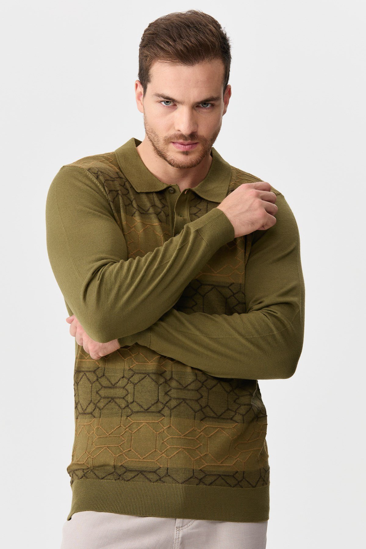 22613Erkek Polo Yaka Önü Desenli Kazak A.Haki