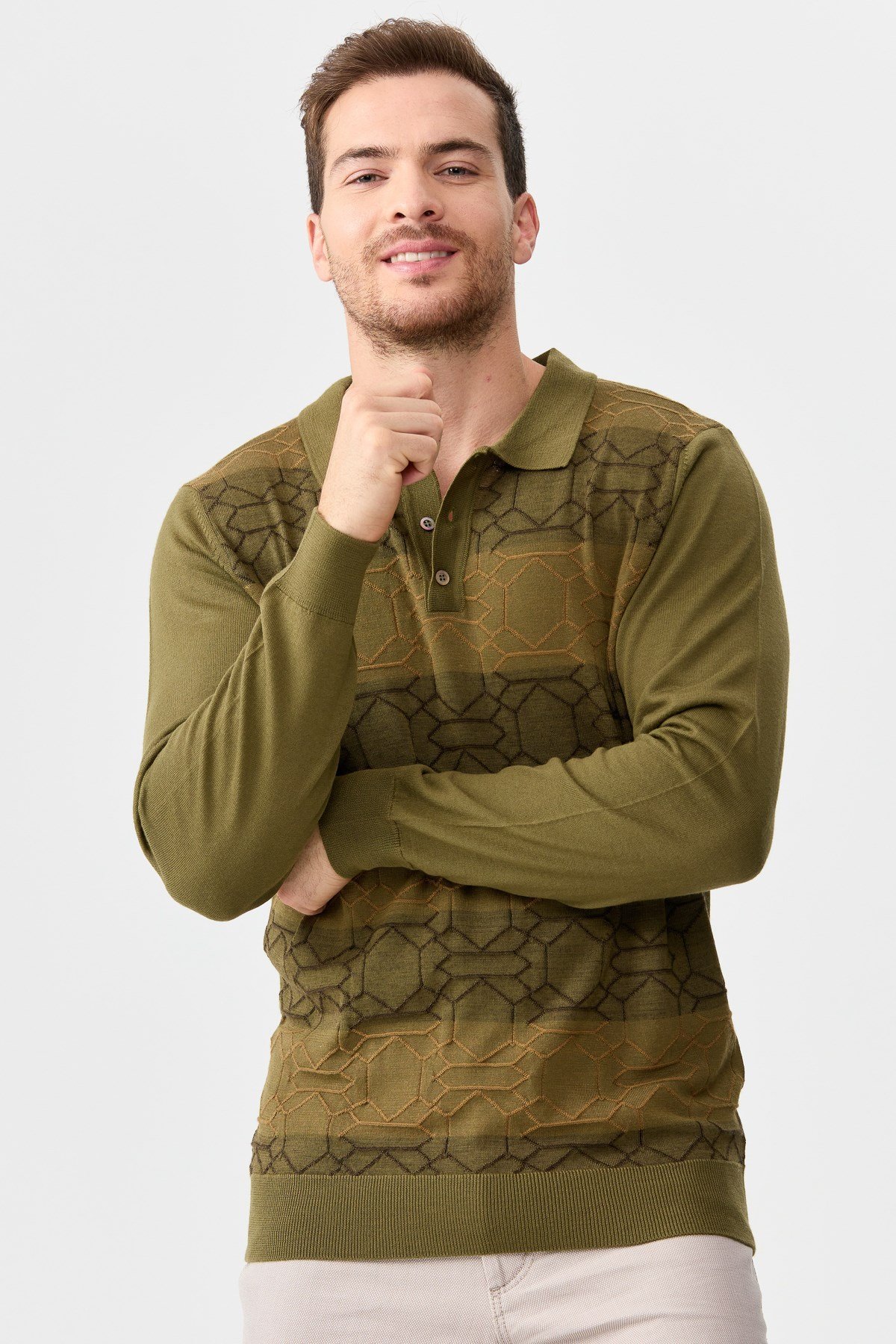 22613Erkek Polo Yaka Önü Desenli Kazak A.Haki