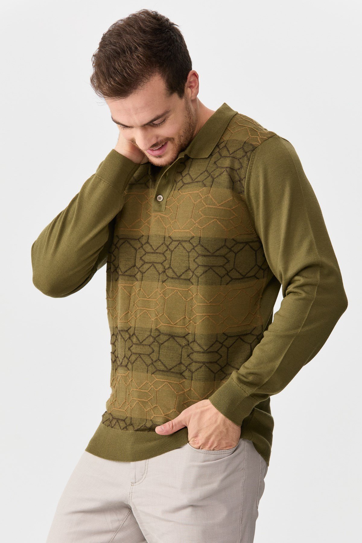 22613Erkek Polo Yaka Önü Desenli Kazak A.Haki