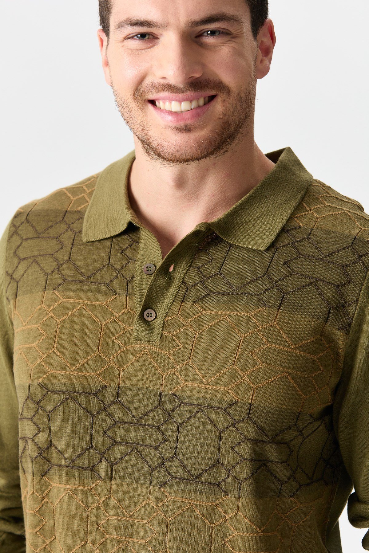 22613Erkek Polo Yaka Önü Desenli Kazak A.Haki