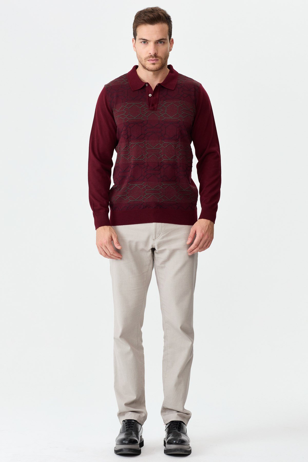 22613Erkek Polo Yaka Önü Desenli Kazak Bordo