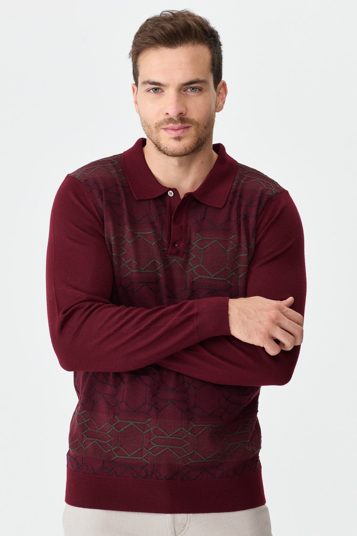 22613Erkek Polo Yaka Önü Desenli Kazak Bordo