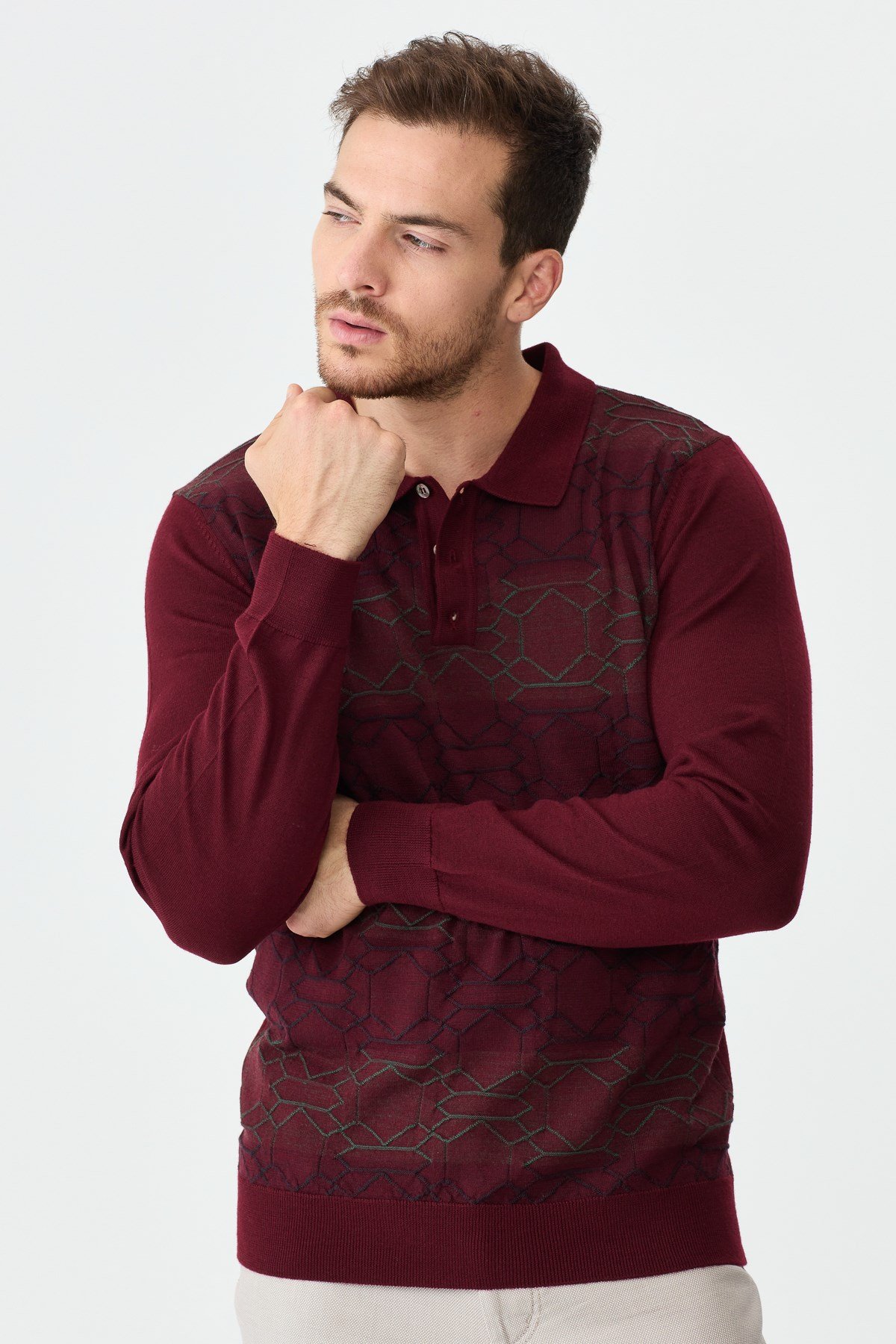 22613Erkek Polo Yaka Önü Desenli Kazak Bordo