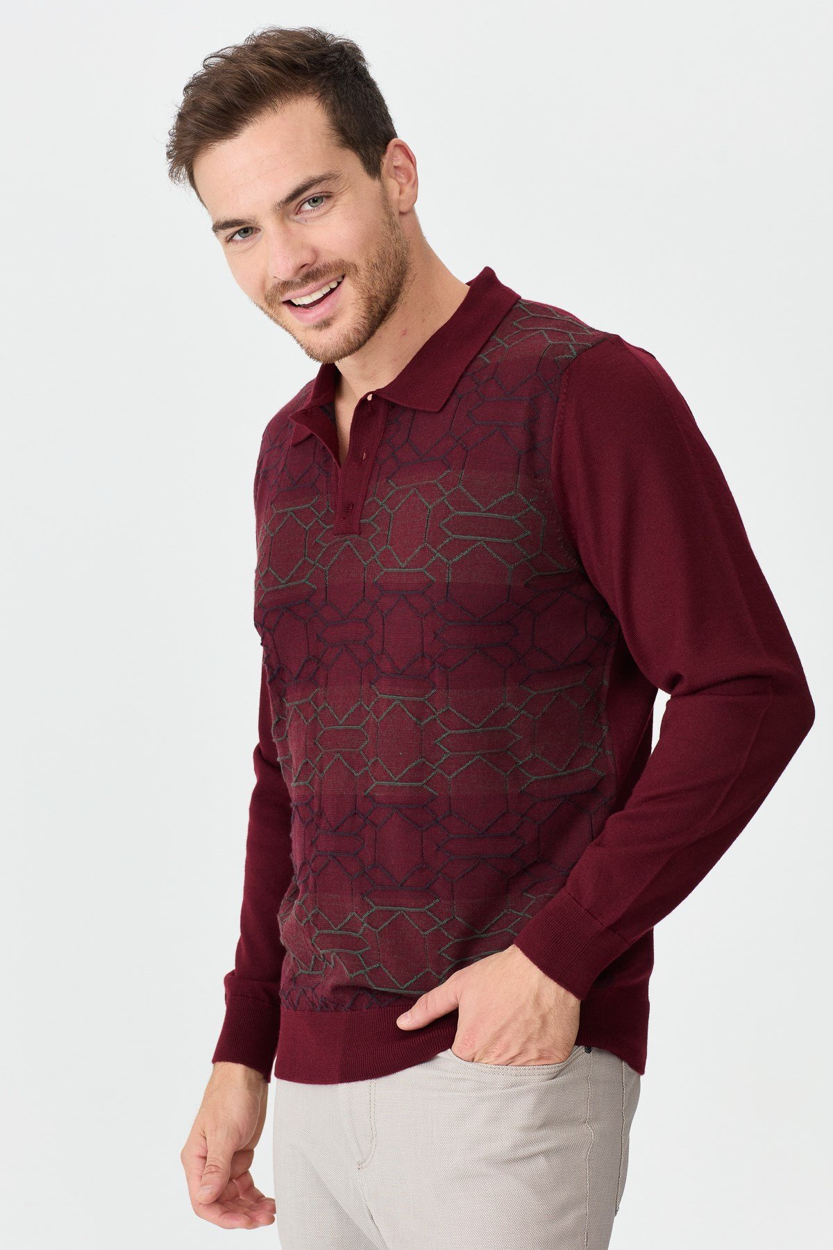 22613Erkek Polo Yaka Önü Desenli Kazak Bordo