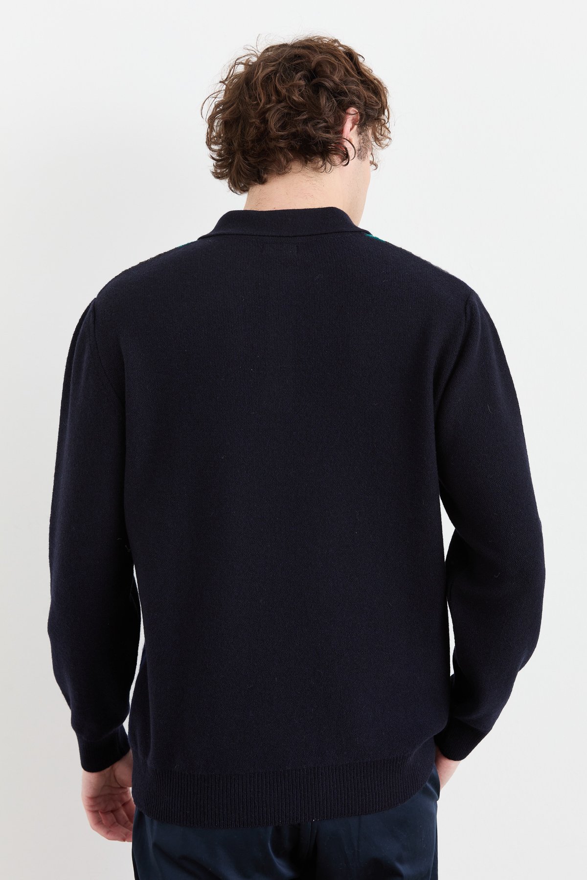 23507Erkek Polo Yaka Önü Desenli Yün Kazak K.Lacivert