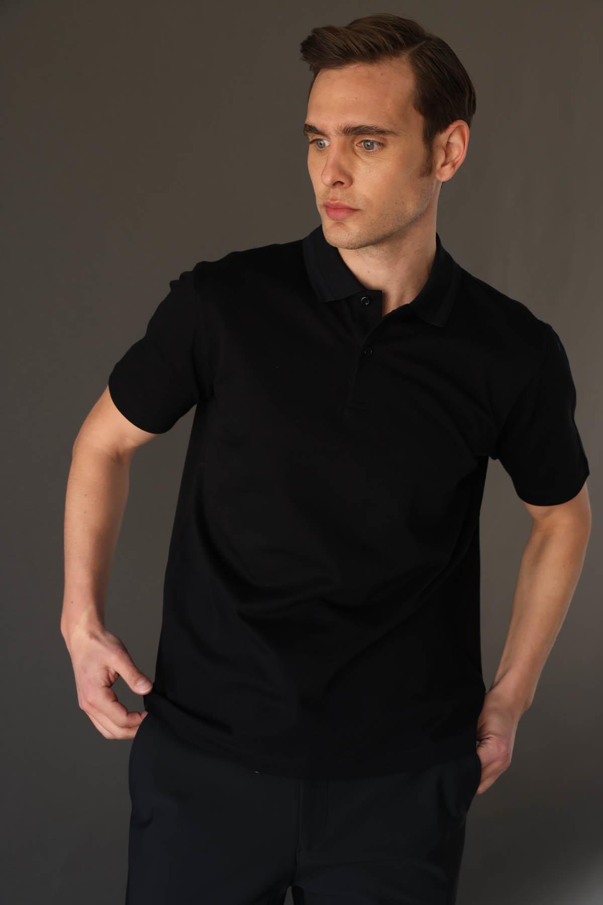 25748Erkek Polo Yaka Pike Merserize T-shirt Siyah