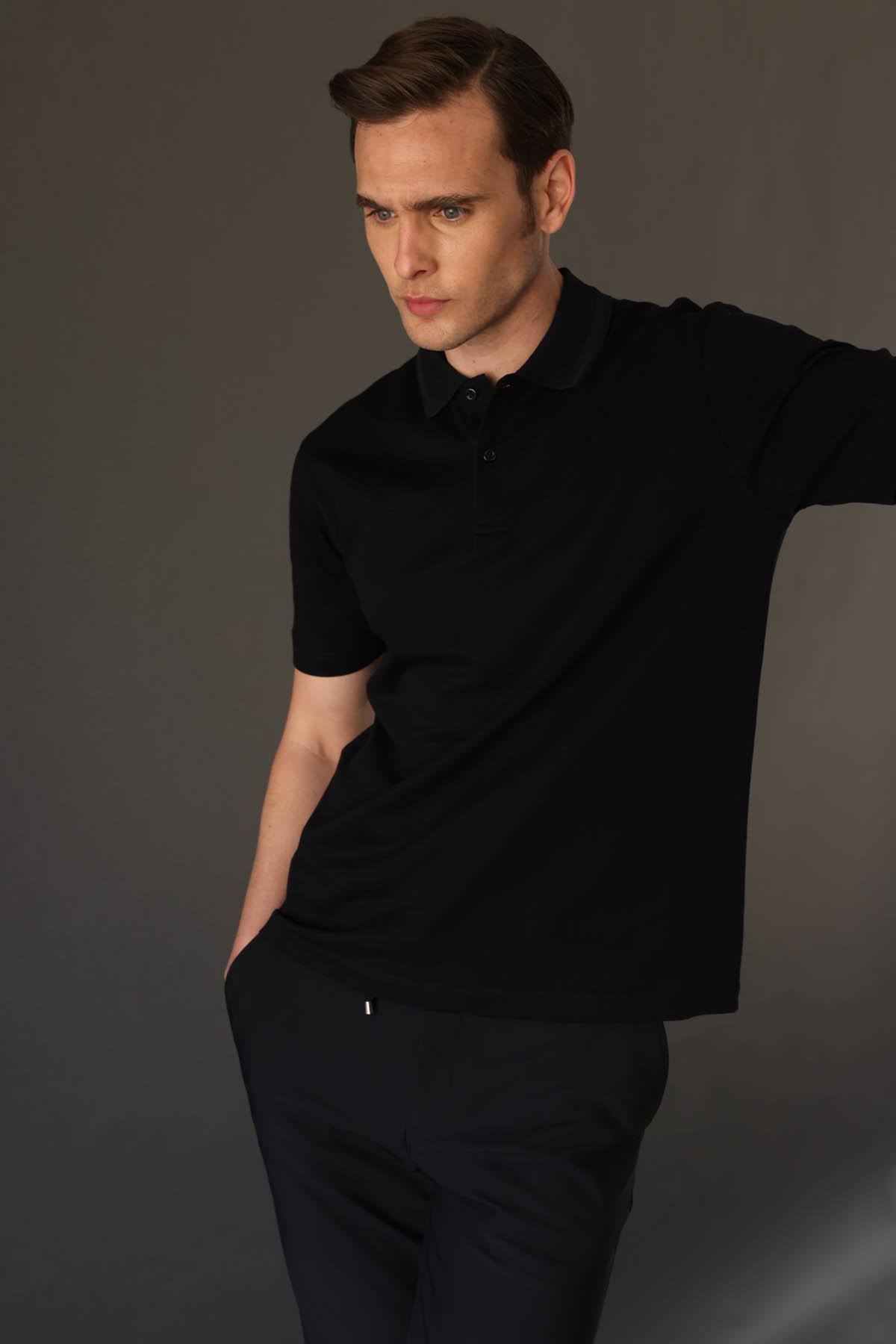 25748Erkek Polo Yaka Pike Merserize T-shirt Siyah