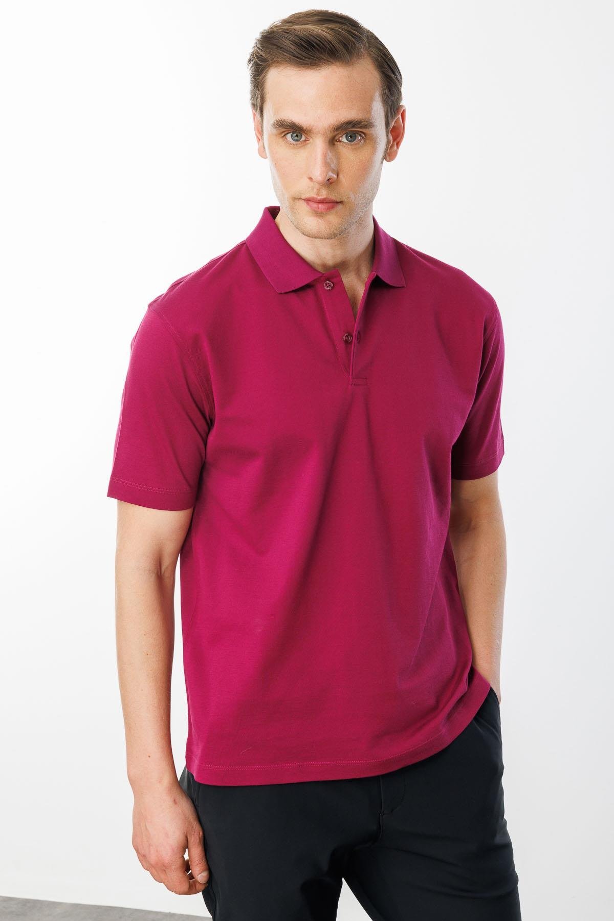 25748Erkek Polo Yaka Pike Merserize T-shirt Fuşya